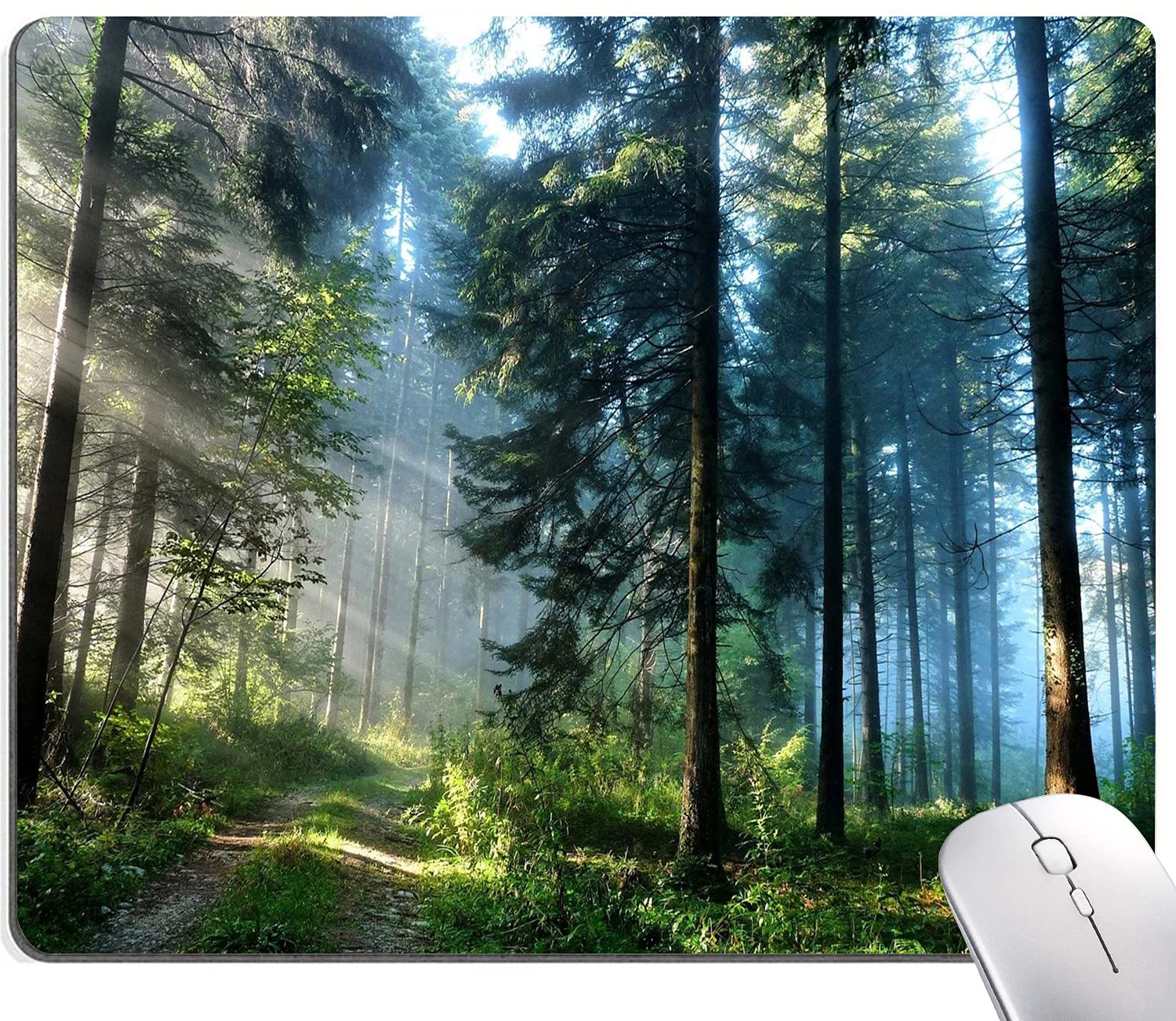 Forest Mouse Pad, Natural Scenery Mouse Pad Custom Design, Square Waterproof Mouse Pad Non-Slip Rubber Base MousePads for Office Laptop, 9.5x7.9x0.12 Inch, Nature Misty Forest