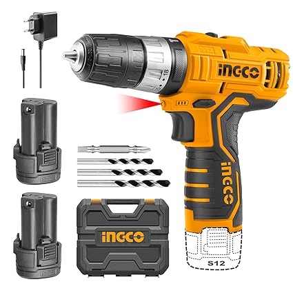 INGCO Cordless Impact Drill with 2 PCS Battery & Charger, 4 pcs bits, 20NM | 1500 RPM | 22500 BPM | 0.8-10mm | 18+1+1 Torque