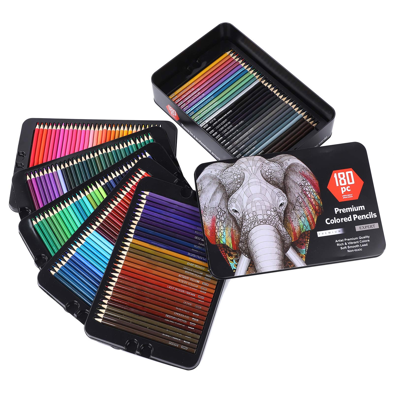 180 Buntstifte-Set, Professionelle Zeichen- und Skizzierwerkzeuge mit Pappelholzfässern und Metalldose, 180 Satte Farben für Mal- und Kunstbedarf für Erwachsene und