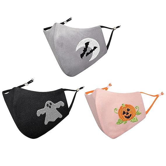 MASQ By Q-One Halloween 4 Layer Washable, Reusable, Size Adjustable, Anti-Bacterial (BFE>99%) Embroidered Cotton Cloth Face Mask Combo for Kids, Boys & Girls each with Lanyard, Ear Loops (7-12 Years)