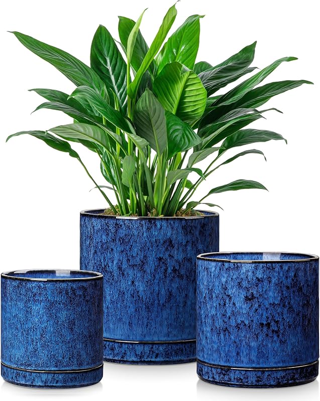 vancasso Ceramic Plant Pots, 3 Piece Planters for Indoor Plants, Blue | 4.25+5.25+6.25 Inch Flower Pots with Drainage, Plant Pots Indoor for Succulent, Pothos, Snake Plant and Money Tree, Etc