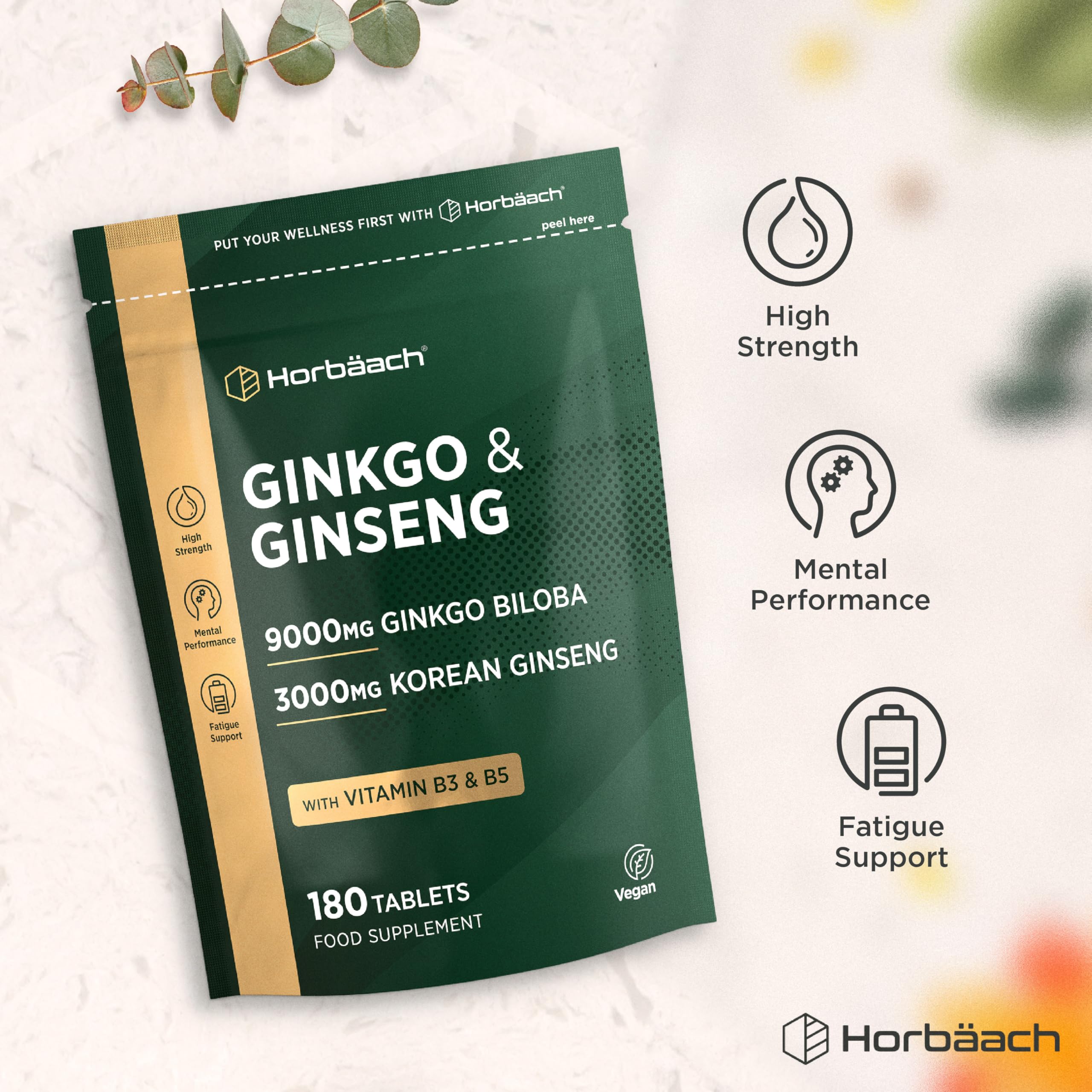 Ginkgo Biloba e Ginseng Integratore | Ginkgo 9000 mg e Radice di Ginseng Coreano 3000 mg | 180 compresse vegane | di Horbaach