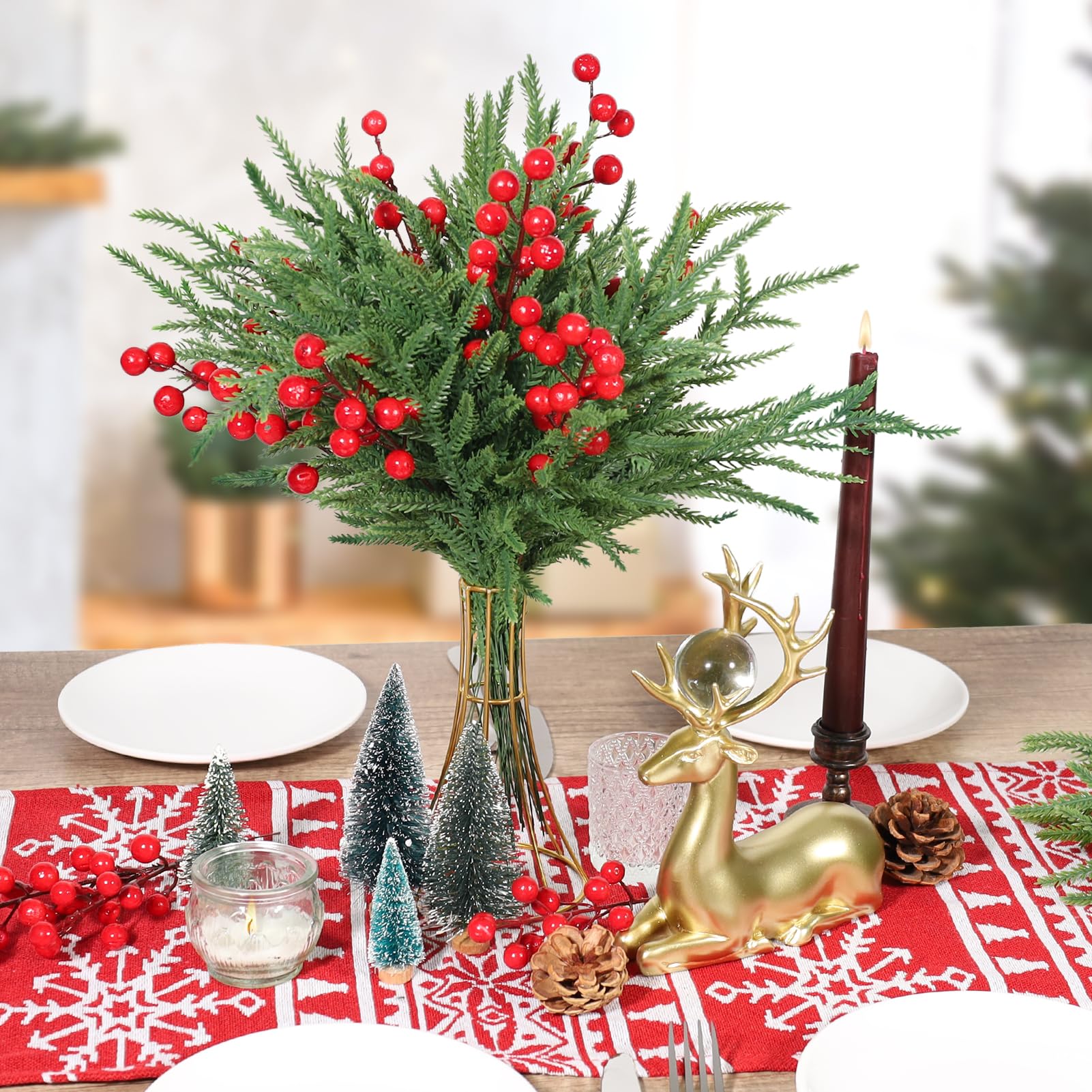 VICAMB 100 Stück Weihnachts-Tannennadeln, Zweige, 37,8 cm, künstliche grüne Tannennadeln, Zweige, künstliche grüne Tannenstiele, Weihnachts-Kiefernspieße für Xmax, DIY-Girlande, Heim-/Gartendekoration