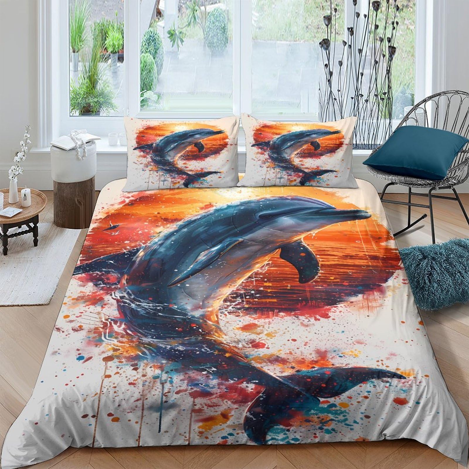 Ctjqhvkz Style-10 3D Printed Dolphin Sunset Fitted Sheet Microfiber Soft Bed Cover For Bedroom Guestroom Artistic Decor Single（135X200cm）