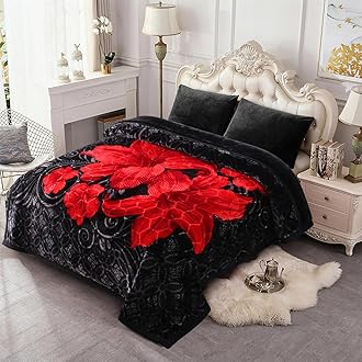 JML Korean Style Fleece Blanket King Size 85" x93", 10 Pounds Thick Plush Blanket, 2 Ply A&B Printed, Silky Soft and Warm Raschel Bed Blanket for Winter (Black Flowers)