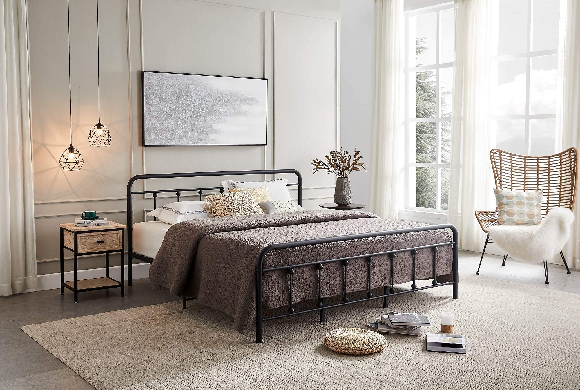 Metal Bed Frame with Vintage Headboard and Footboard, Premium Stable Steel Slat Support Mattress Foundation, No Box Spring Needed and Easy Assembly, Gray Black (King)