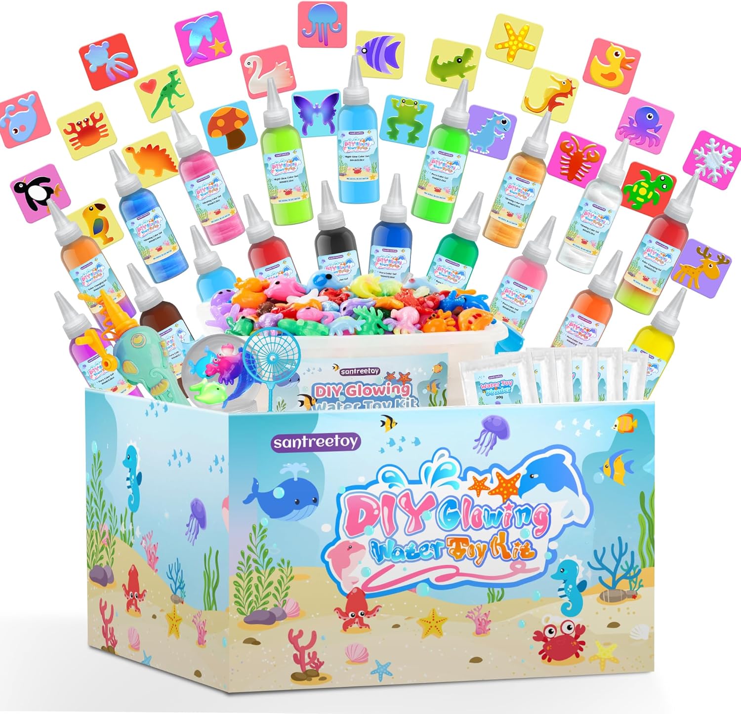 santreetoy Magic Gel Water Elf Toy Kit, 20 Fairy Aqua Gel Kit with Kids Fishing Pole, Color Changing Squishies Maker Making Toy, Arts and Crafts Sensory Toys for Kids Ages 6+, 24 Molds