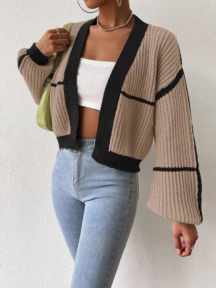 COZYEASE Women's Color Block Crop Cardigan Top Bishop Long