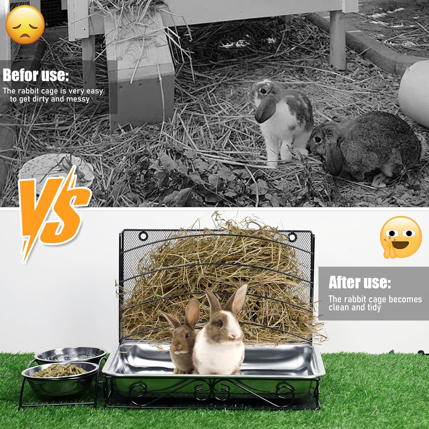 3 In1 Rabbit Hay Feeder with Litter Box Metal Bunny Feeder No Mess Hay Feeding with Water Food Bowls for Guinea Pig Rabbit Chinchillas Small Animal