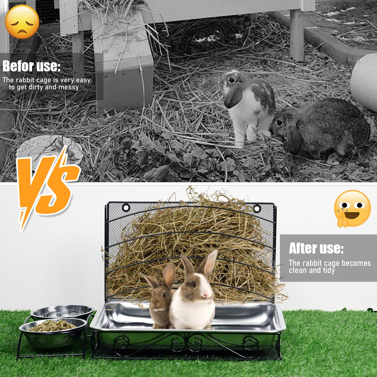 Kaninchen-Heu-Futterstation mit Katzentoilette, 3-in-1 Hasen-Futterstation aus Metall, kein Durcheinander, für Kaninchen, Heu, Halter, WC, mit Wasser-Futterstation, 2 Schalen für