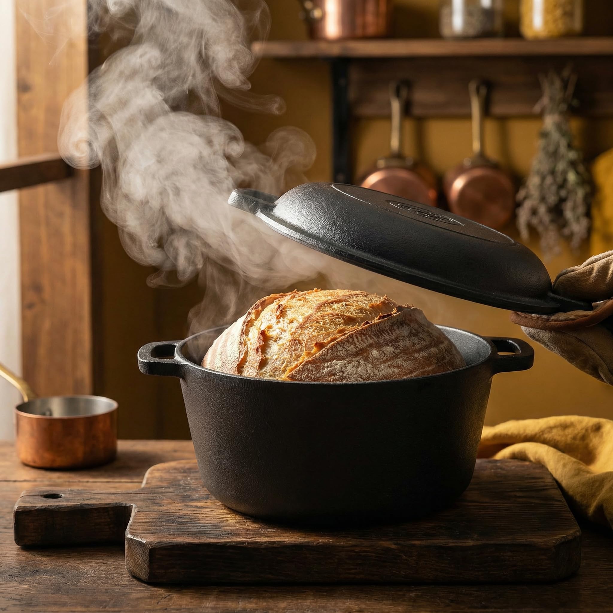 26 cm Gusseisen Brotbacktopf mit Deckel inkl. Rattan Gärkorb Komplett-Set, Traditionelles Brotbacken Zuhause, Für knusprige Kruste & optimale Form, Robustes Brotback-Set mit Gärkorb & Rez