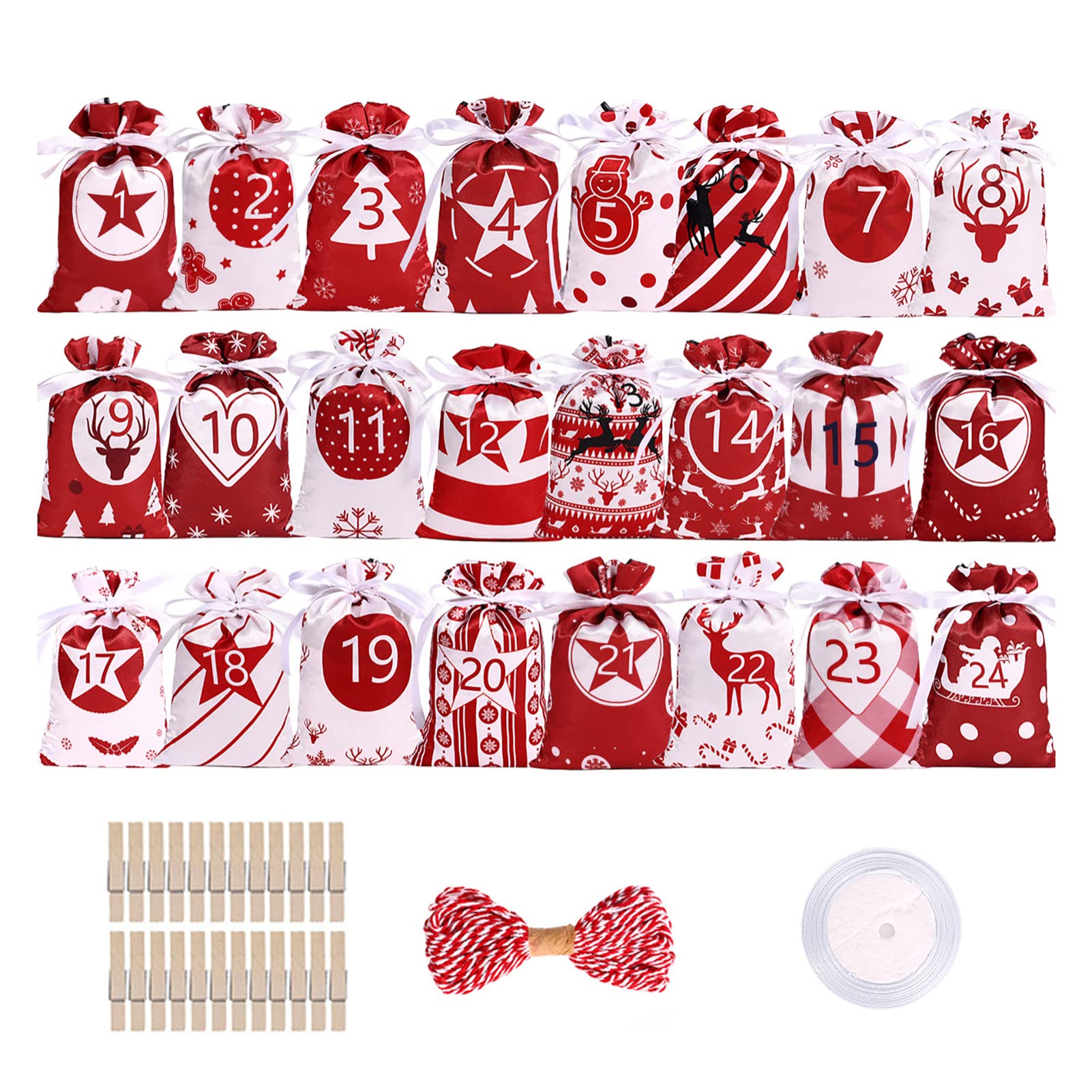 5 sacchetti per calendario 'Avvento, calendario natalizio con | conto alla rovescia, regalo con coulisse, materiale satinato e design natalizio, buon effetto decorativo per