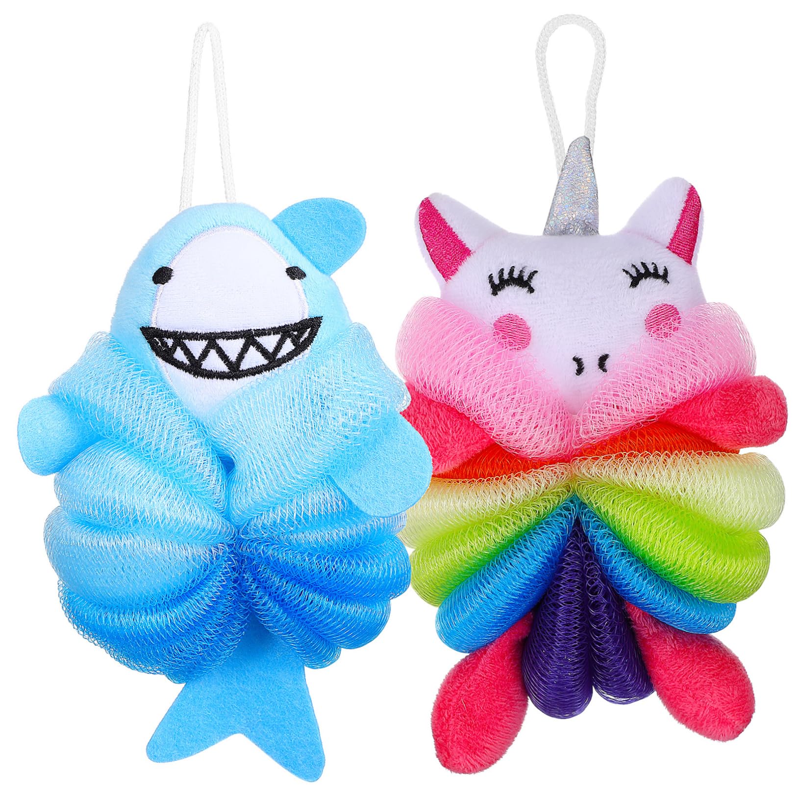 FOMIYES 2Pcs Cute Cartoon Bath Sponges for Unicorn Shark Shower Scrubbers Soft Body Wash Loofah with Lanyard Design for Fun Bathing Experience
