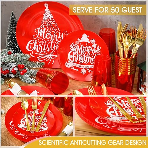 Miniatura 3 de Suttmin Juego de vajilla de plástico navideño de 350 piezas para 50 invitados, incluye 50 platos llanos, 50 platos de postre, 50 servilletas