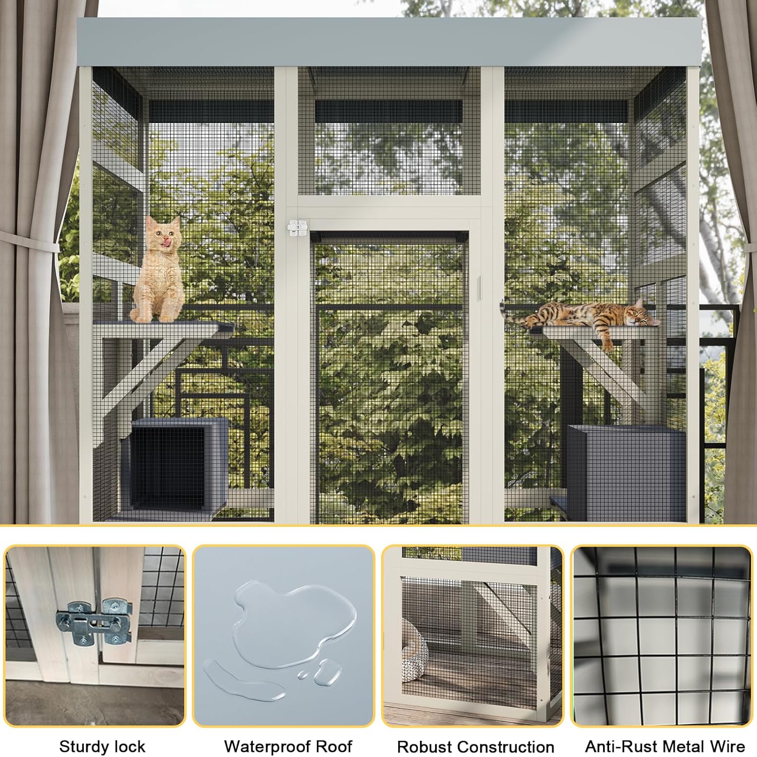 Yafylly Catio Outdoor Cat Enclosure, Cat Condo for Patio, Wooden Cats Cage, Outside Cats House Weatherproof, Cat Condo Outdoor, Large Cats House with 5 Platforms and 2 Resting Box, 71 Inch