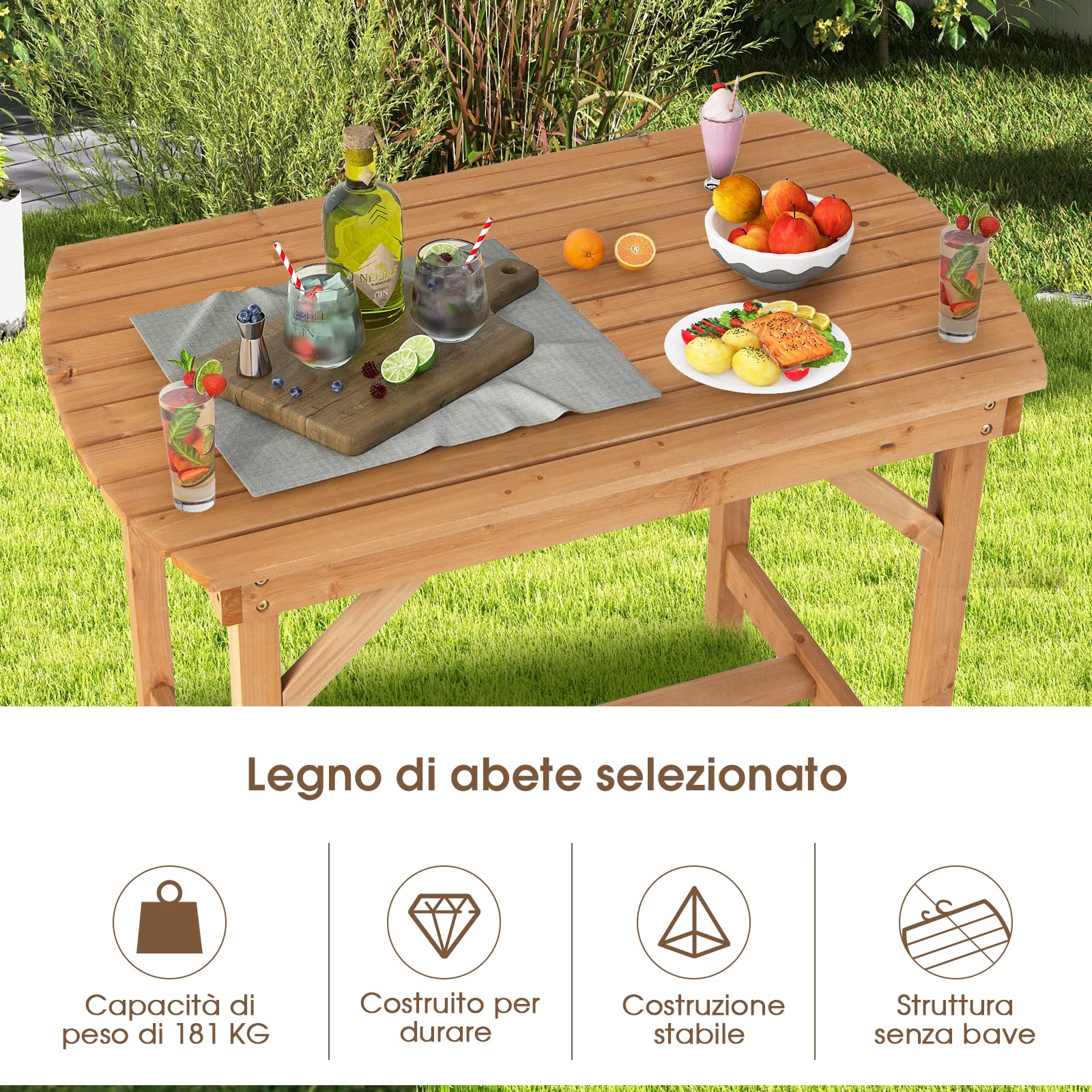 COSTWAY Tavolo Pranzo da Giardino in Legno, con Foro per Ombrellone, per 4-6 Persone, Giardino Patio Cortile, 100 x 60 x 75 cm, Portata 180 kg