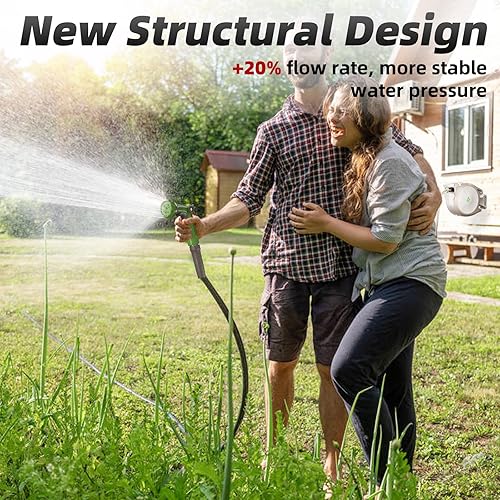 Miniatura 2 de PINWHEEL Carrete de manguera de jardín retráctil de 58 pulgadas y 100 pies, manguera retráctil automática con boquilla rociadora de 10 patrones,