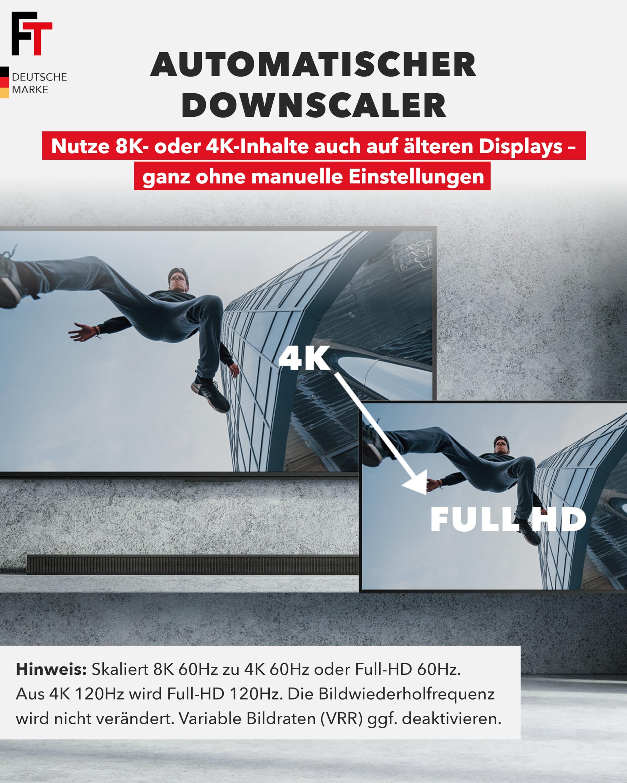 FeinTech SP210 HDMI 2.1 Splitter 4K 120Hz 8K VRR ALLM, Verteiler mit Downscaler für 2 Monitore gleichzeitig, CEC-Pass, kompatibel zu HDCP 2.3, HDR, Dolby Vision