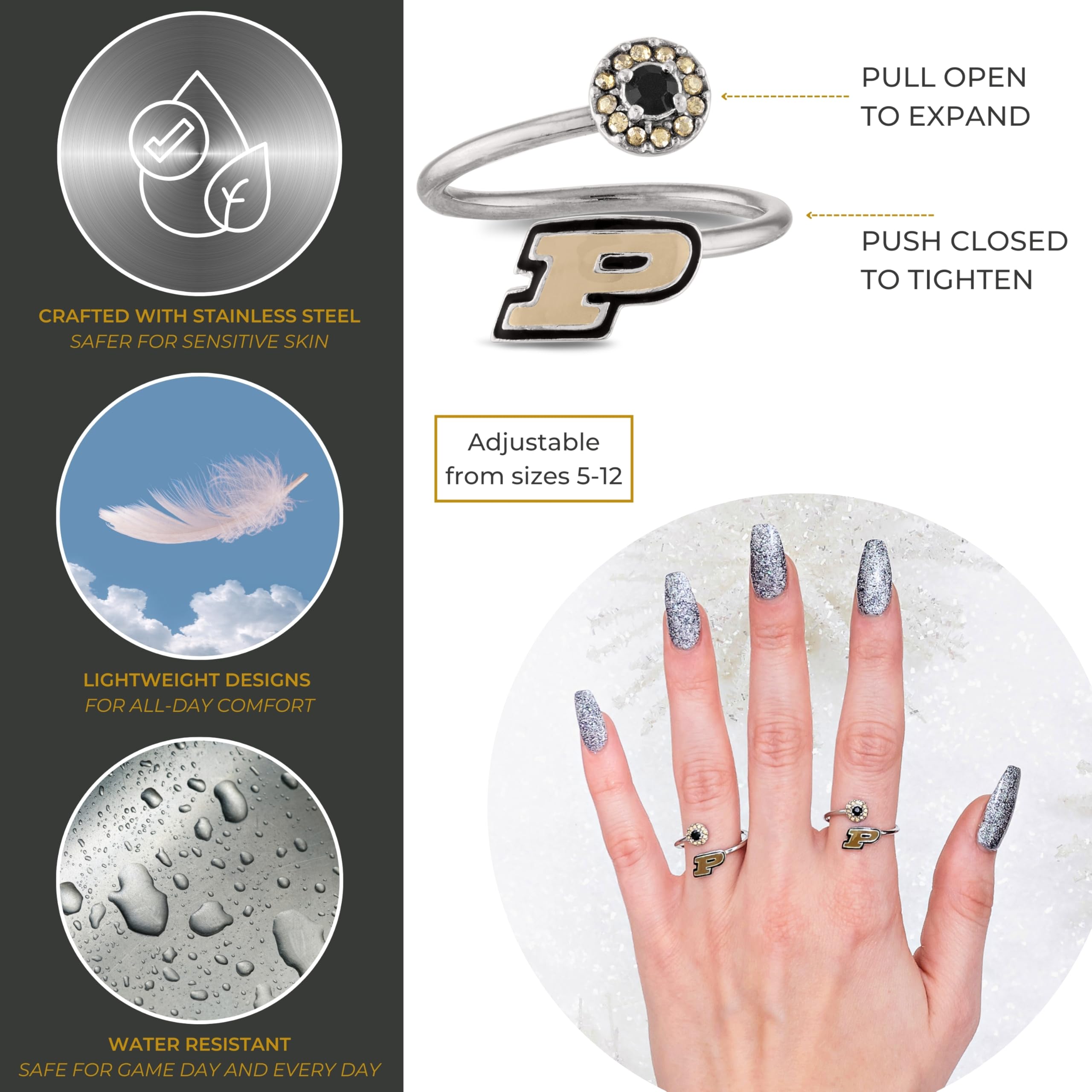 Stone Armory Purdue University Gifts and Purdue Jewelry - Stainless Steel Purdue Ring with Crystals - Hypoallergenic and Adjustable Sizes 5-12 - Purdue Gifts for Women