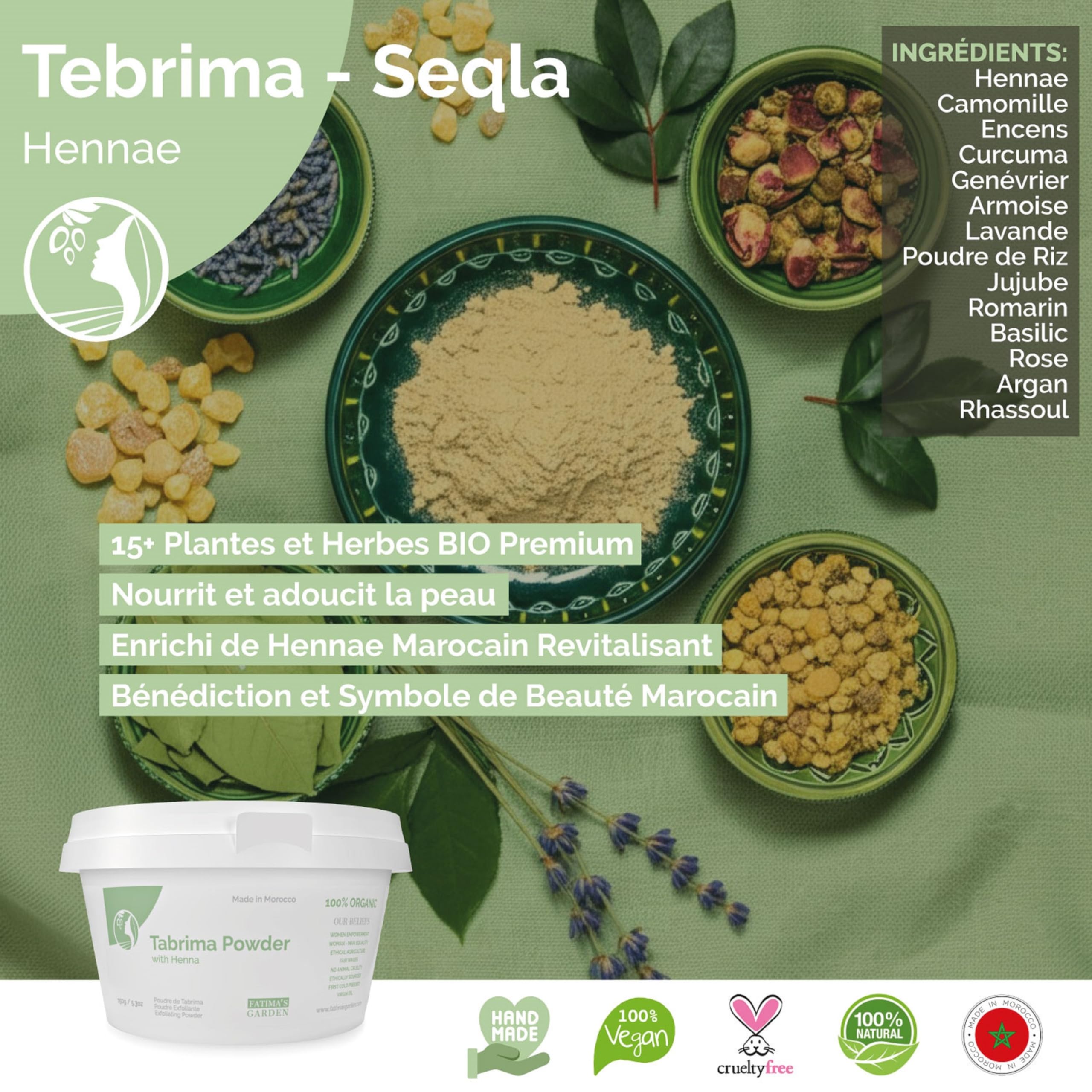 Fatima's Garden Exfoliant Hammam Marocain - Poudre Tabrima/Seqla Authentique pour Peau Douce et Éclatante - 150g