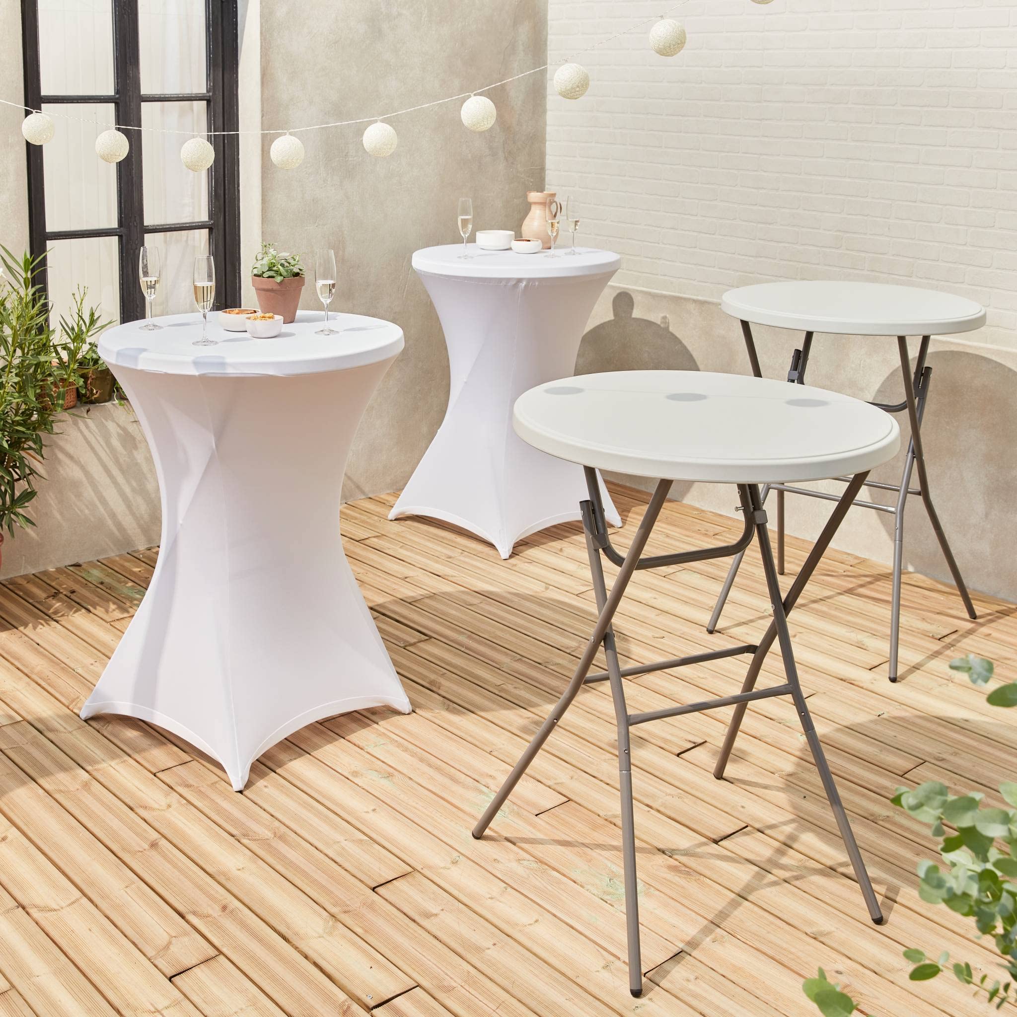 Alice's Garden sweeek - Mesa Alta Plegable con Funda Protectora para Eventos, Set de 2, Gala + Cobertura x2, Blanco, 81x81x110 cm