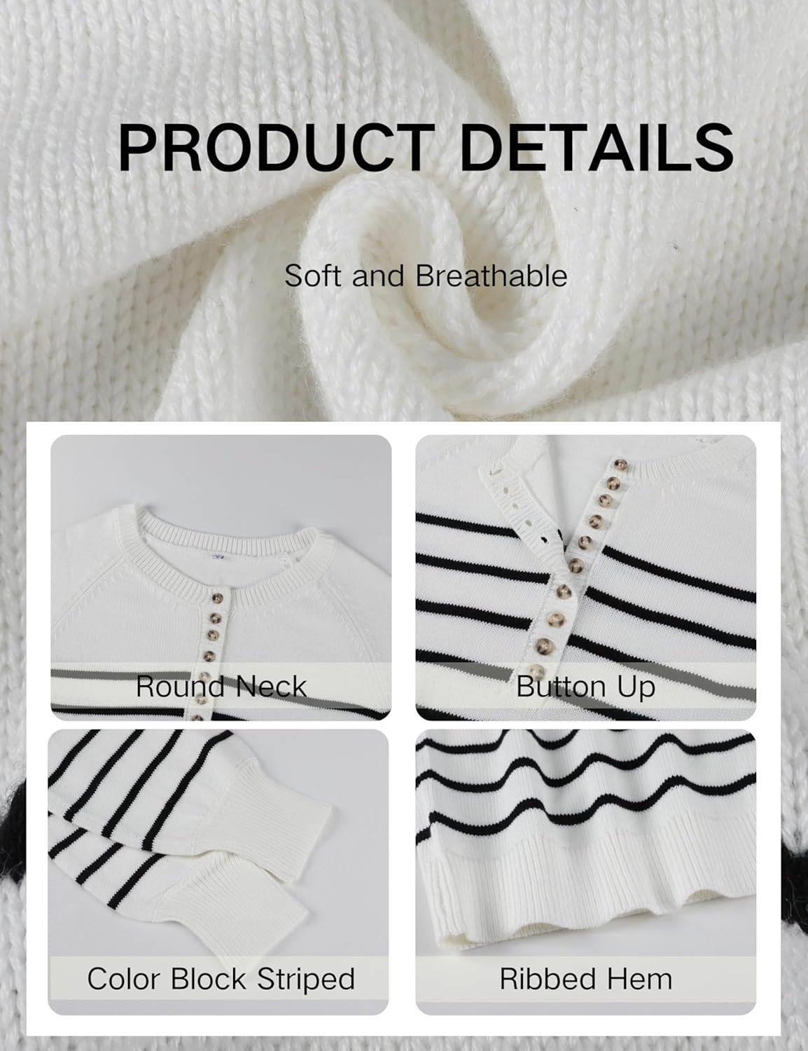 Hongsui Women's Color Block Striped Sweaters Button Up Crewneck Pullover Ribbed Knit Sweater Tops - Image 7