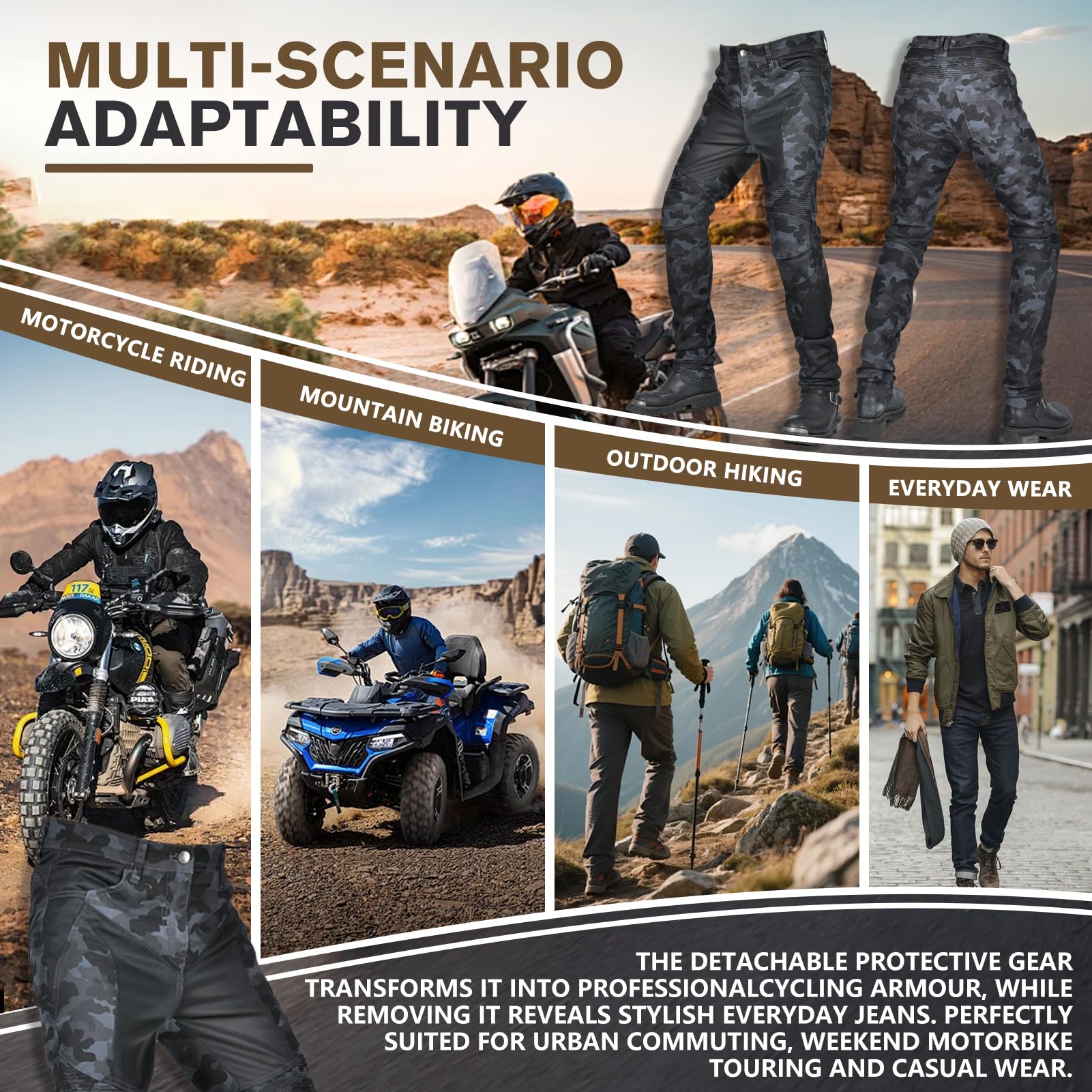 Homme Pantalon de Moto, Pantalon Moto Anti-Chute Respirant en Maille D'été Camouflage, avec Coussinets Protection CE Amovibles Jeans de Pantalon d'armure