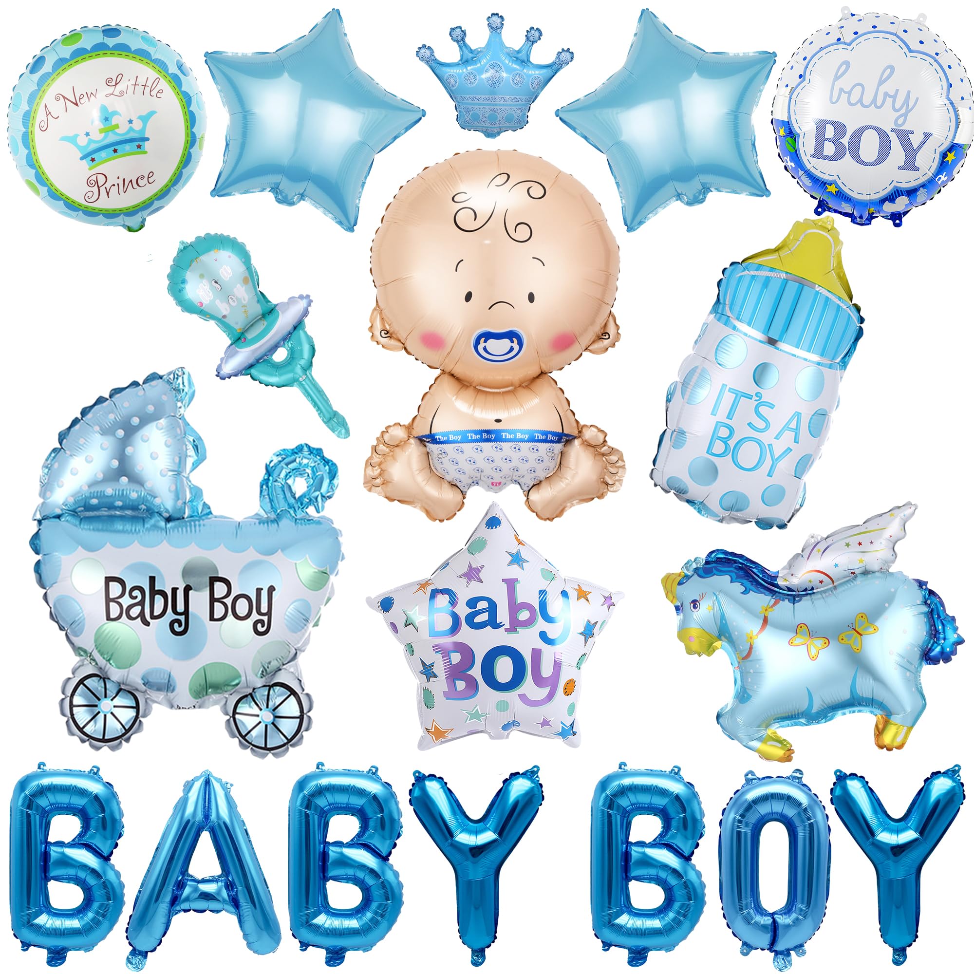 Baby Shower Balloon Decorations Boys - 18 Pieces Gender Reveal Party Supplies Blue for Kids, Large Baby Bottle Letter Star Round Crown Foil Balloons