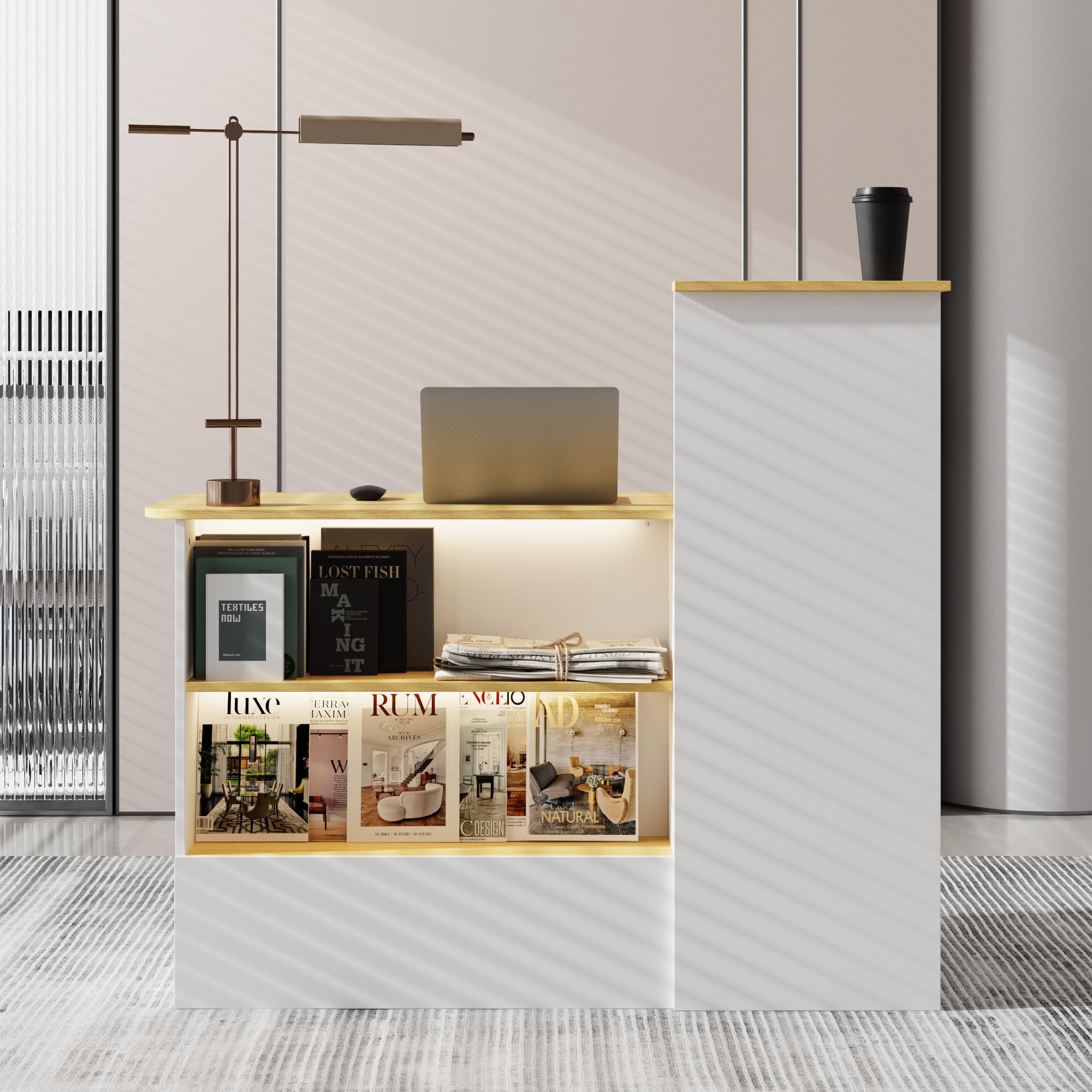 Banco reception, tavolo da reception, bancone con illuminazione a 3 colori, tavolo reception con 1 cassetto e 1 armadio, bancone con area espositiva aperta con 2 scomparti bianco + legno naturale