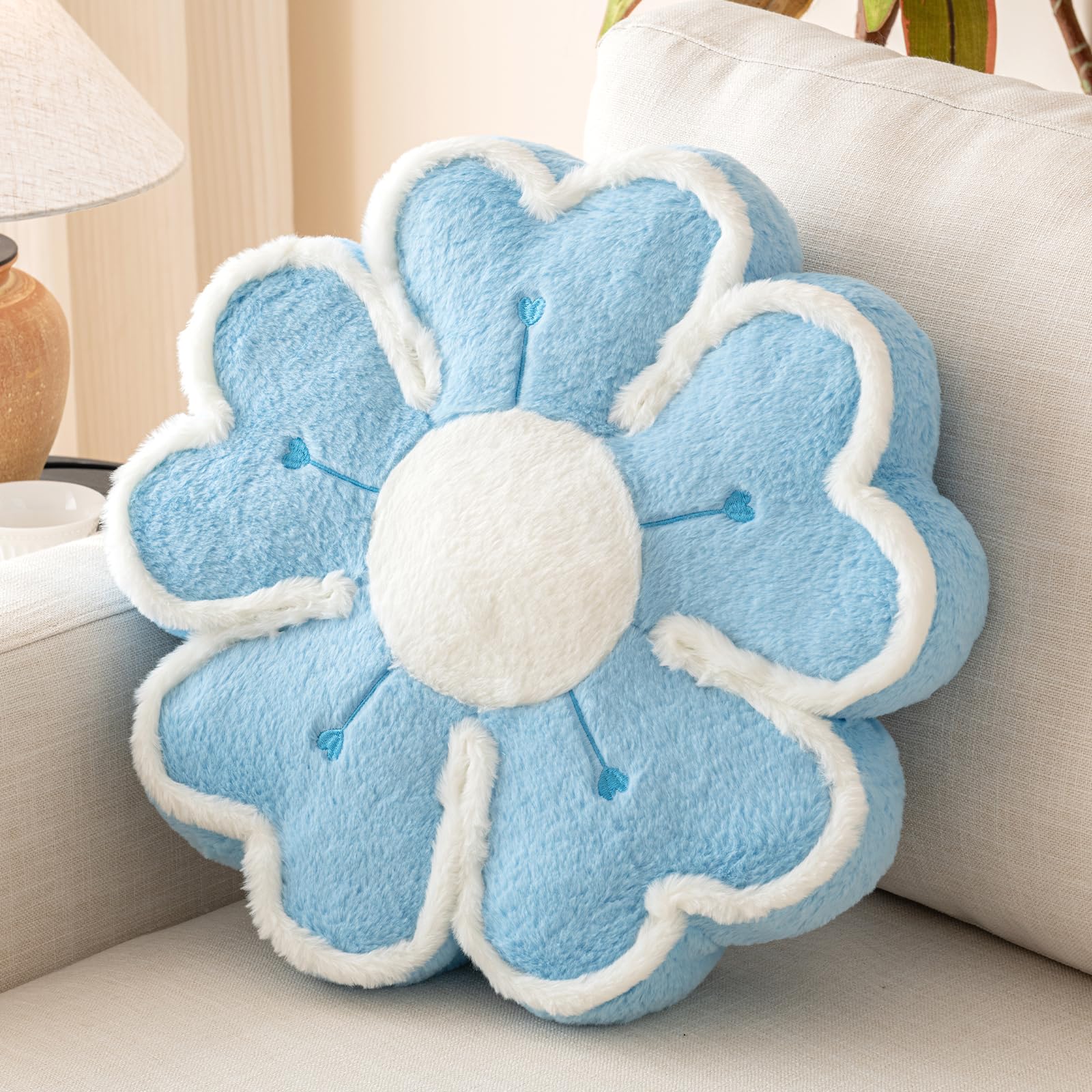 Almohada de flores, cojín decorativo en forma de flor para cama y sofá, lindas almohadas de felpa para decoración del hogar, almohada de suelo (azul, 17.7 pulgadas)