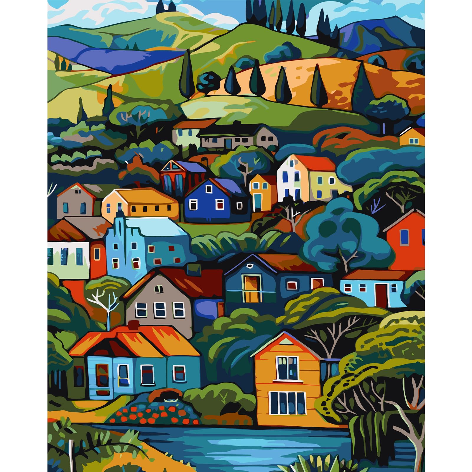 JATOK Paint by Numbers Kit for Adults Beginners, Village DIY Easy Acrylic Oil Painting by Numbers on Canvas, Paint-by-Numbers Drawing Kits for Gift Home Wall Decor Without Frame 16x20in