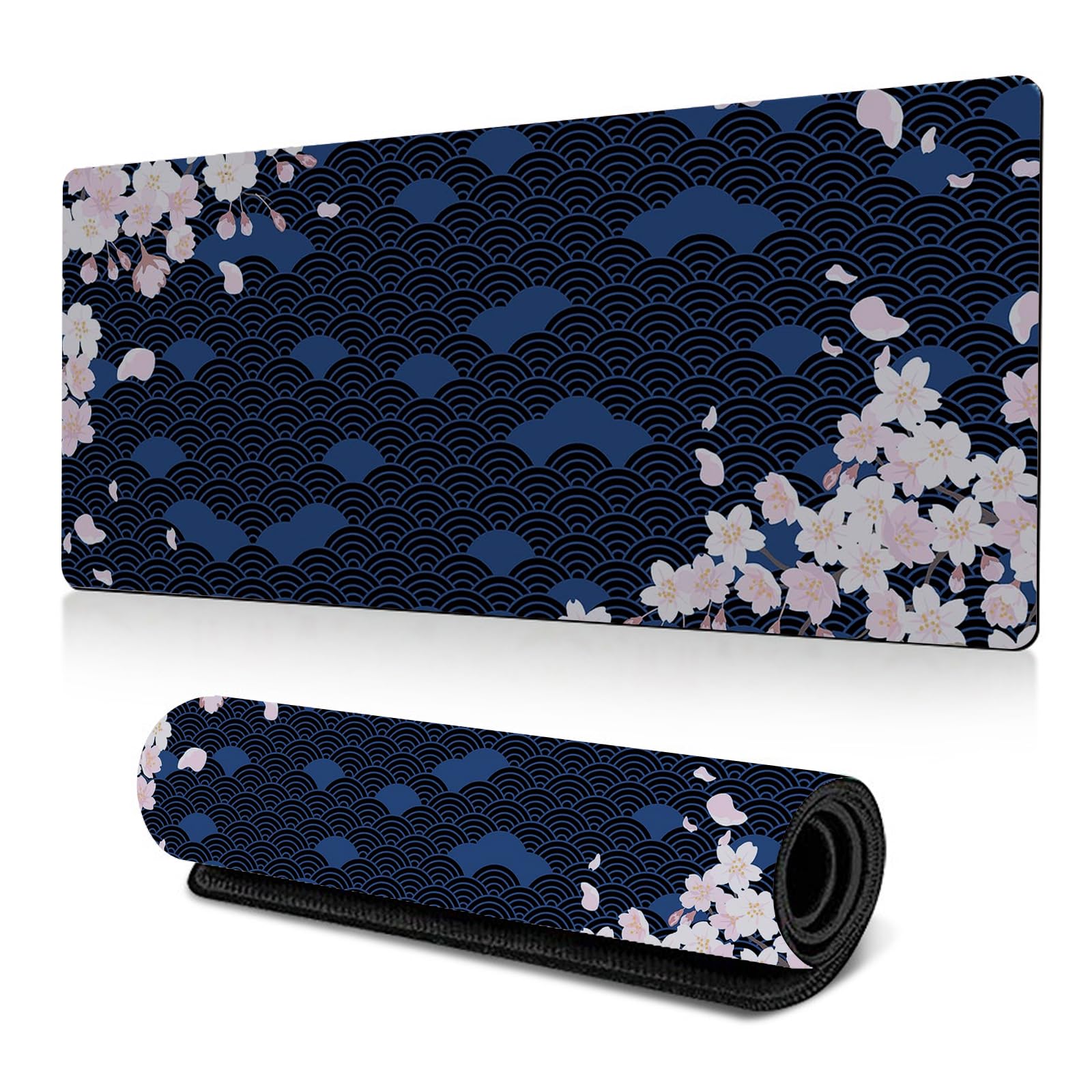Gaming Mouse Pad 800x300mm Large Gaming Mouse Mat with Stitched Edges, Japanese Cherry Blossom Keyboard Desk Pad, Comfortable Mousepad with Non-Slip Rubber Base (Dark Blue 80 * 30cm)