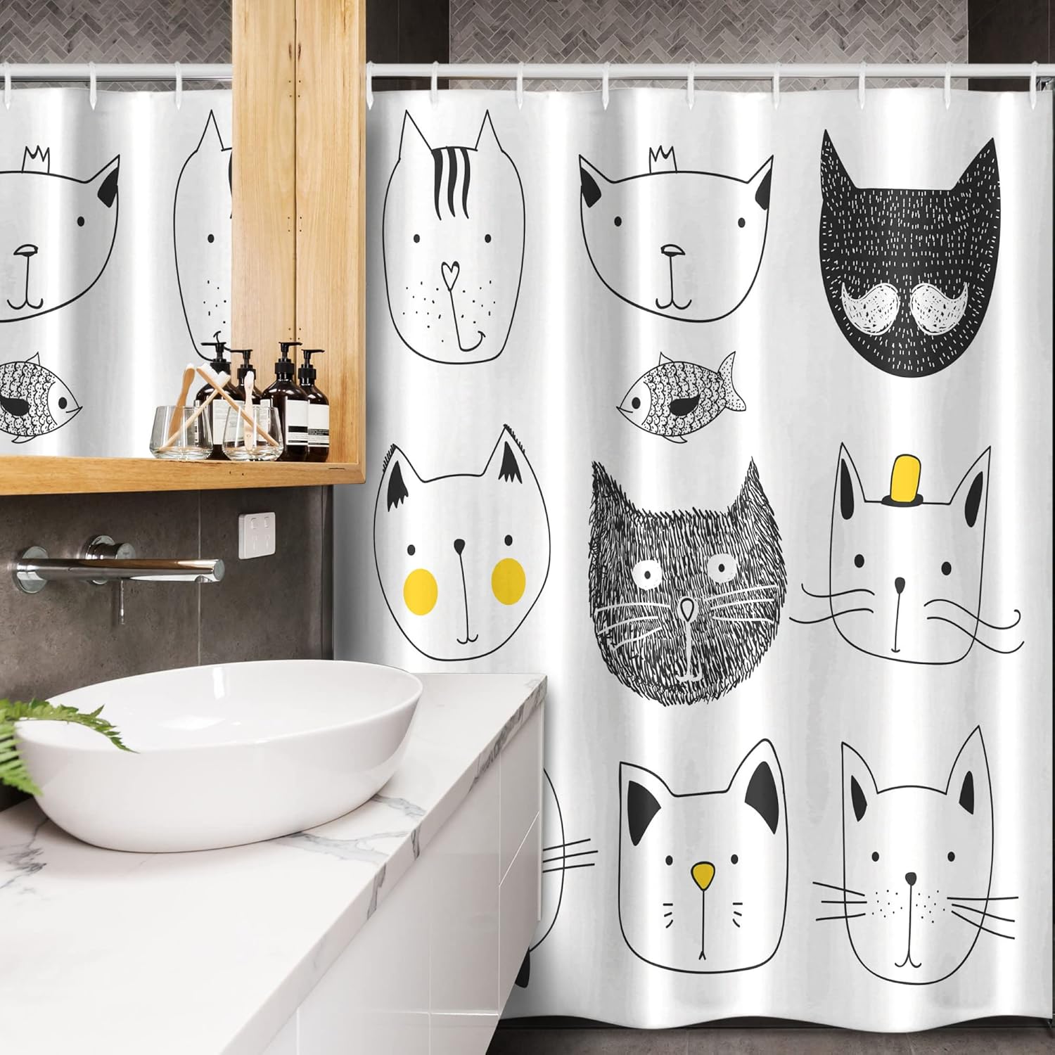 Ambesonne Cat Stall Shower Curtain, Cats with Moustache Bow Tie Hat Crown Fluffy and Fish Humor Faces Graphic, Fabric Bathroom Decor Set with Hooks, 54" W x 78" L, Yellow Grey