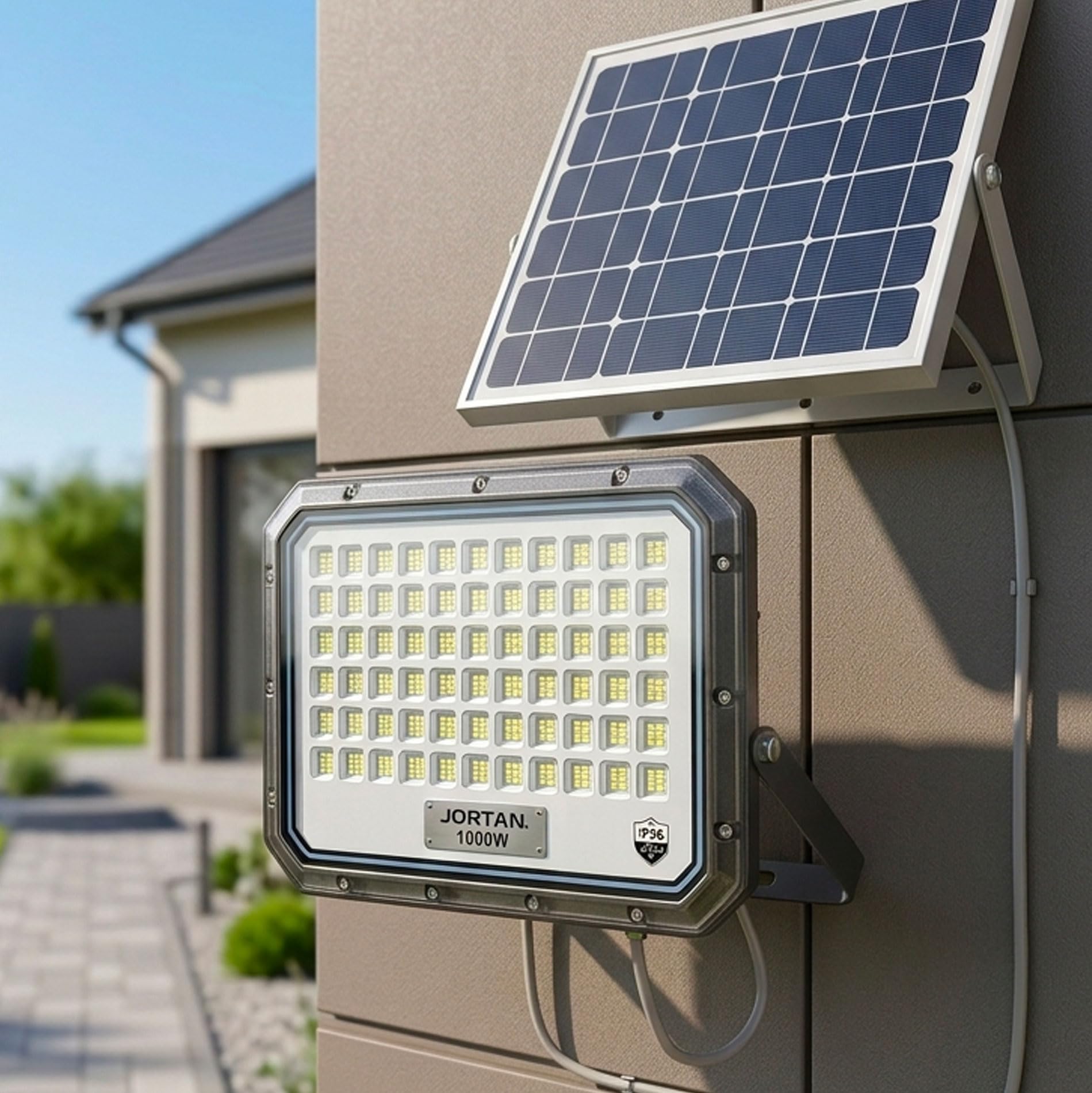 081 Store - Faro Solare LED 1000W da Esterno con Pannello Solare Separato, Faretto LED IP66 Impermeabile con Telecomando, Sensore Crepuscolare Automatico, Luce Solare Giardino Cortile Garage Parcheggi