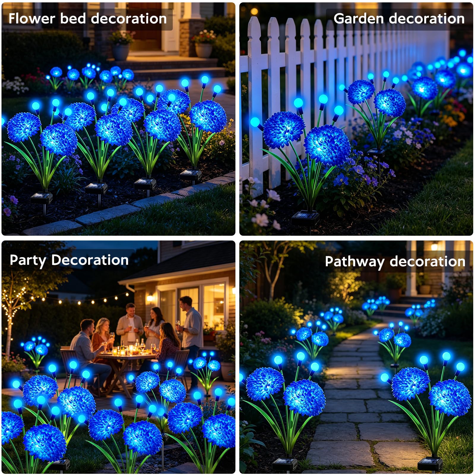 Solar-Gartenleuchten, 4 Stück, blaue Solar-Lichter mit schwingenden Glühwürmchen-Lichtern mit Blumen, wasserdichte blaue Blumen, Licht für den Außenbereich, für Garten, Terrasse, Hof, Weg