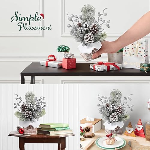 Miniatura 6 de Hatisan Árbol de Navidad pequeño, árbol de Navidad artificial con adornos de Navidad, bayas de cono de pino, árbol de Navidad de mesa para