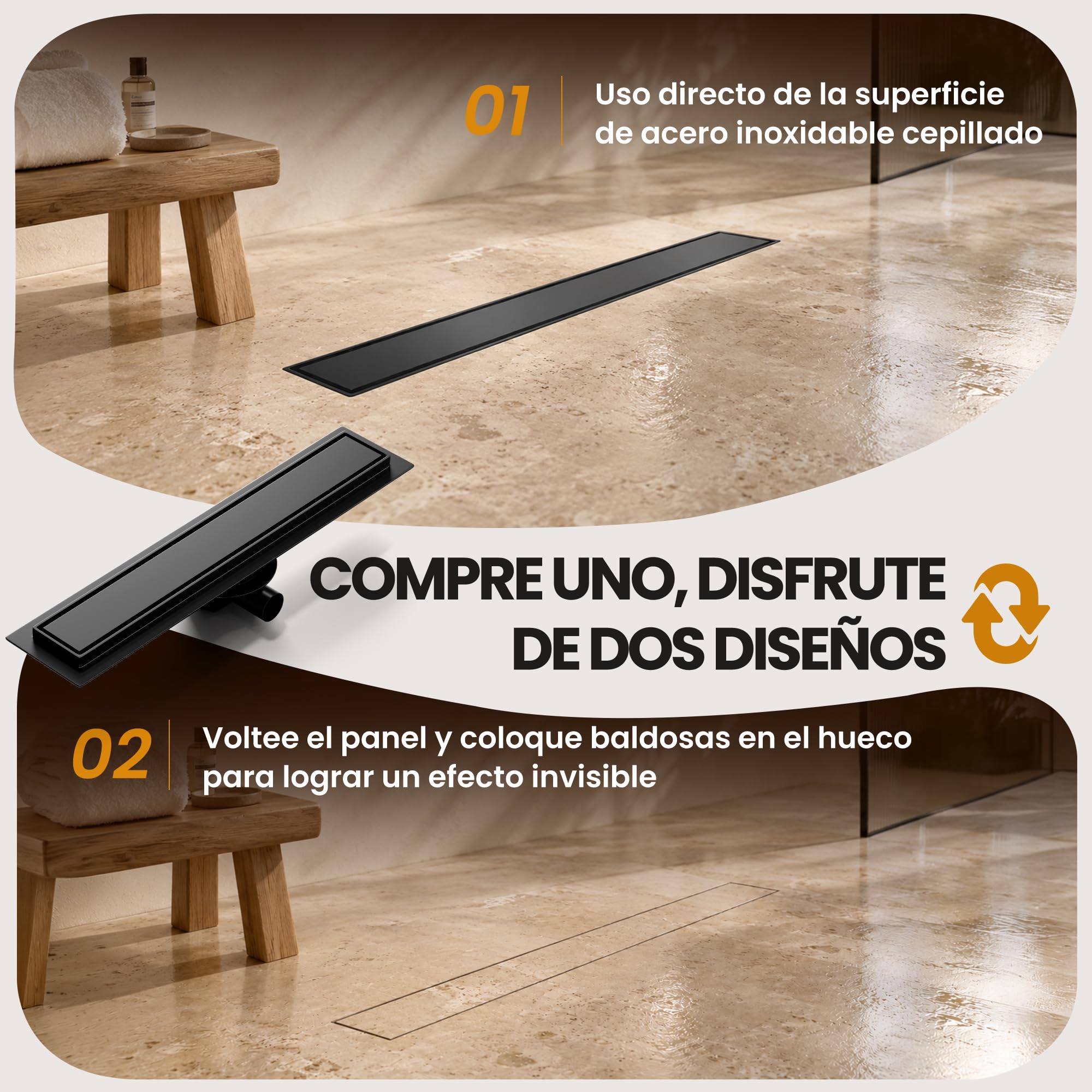 Canaleta de Ducha Negro 70 cm | Enlosable con Sifón Sin Olores, Filtro de Cabello y Diseño Sin Umbral para Ducha a Ras, Acero Inoxidable AISI 304