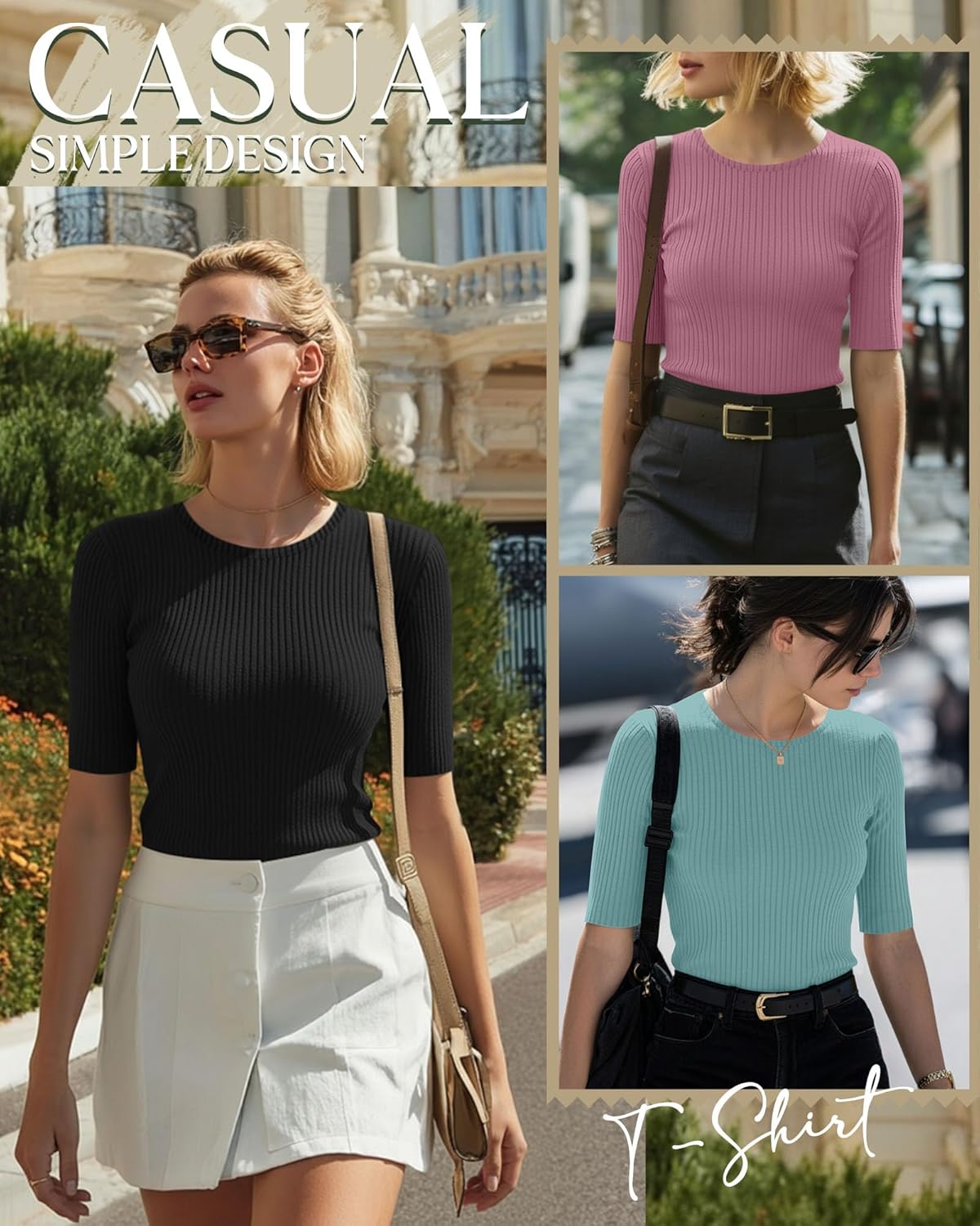 Riyiper 3 Pack Women's Half Sleeve Tops, Elbow Length Ribbed Cotton T Shirt Crew Neck Summer Tee Slim Fit Casual Blouses - Image 5