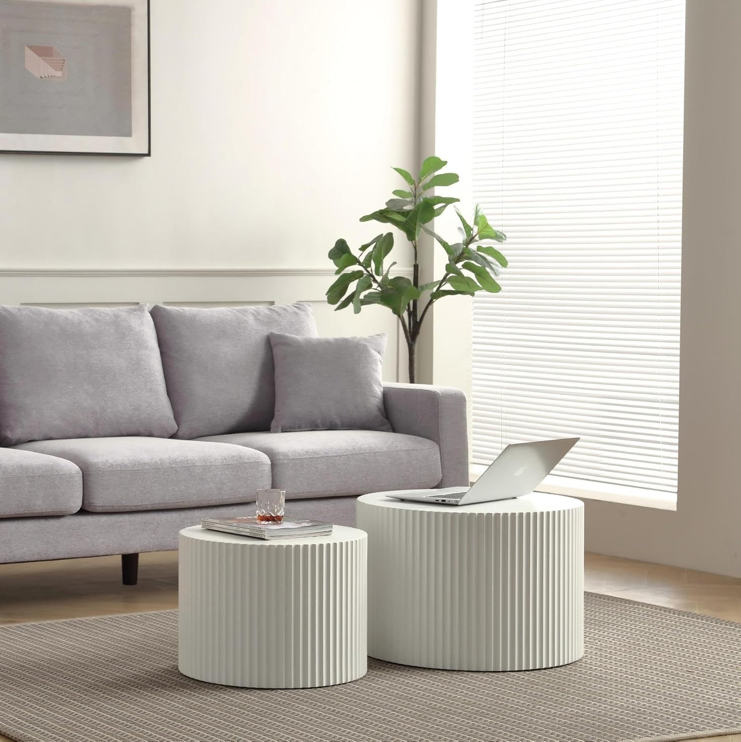 KEVINSPACE Round Coffee Table Set of 2 Nesting CoffeeTable Modern for Living Room, Round End TableSet, Wooden Circle Side Table No Need Assembly Accent Furniture for Bedroom Balcony Lounge White