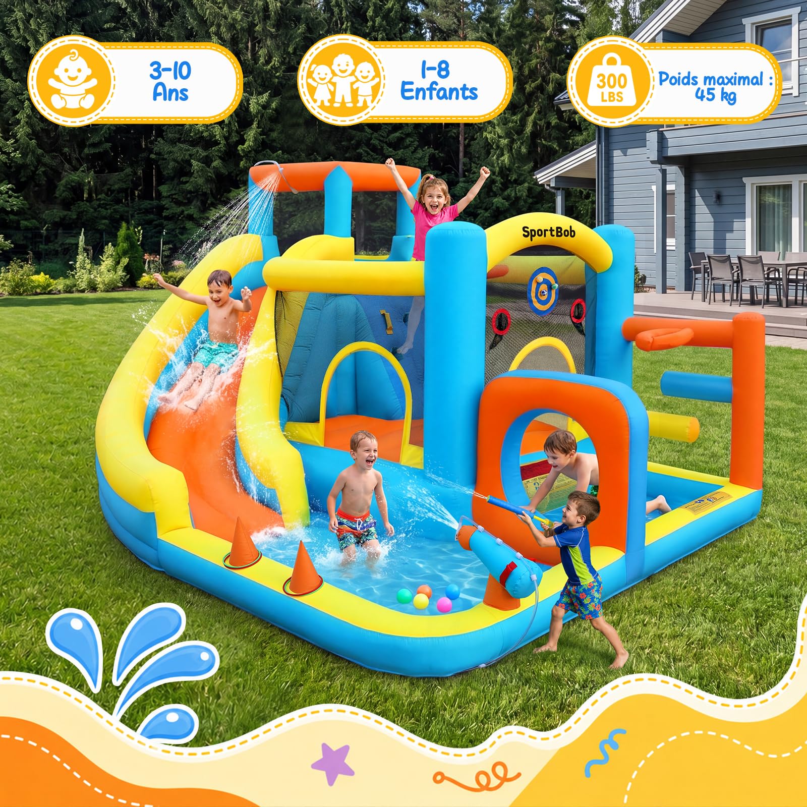 Castillo Hinchable con Tobogán Acuático, Soplador Incluido, Piscina de Bolas, Zona de Saltos y Rocódromo, para Uso Interior y Exterior, Ideal para Parques y Fiestas Familiares