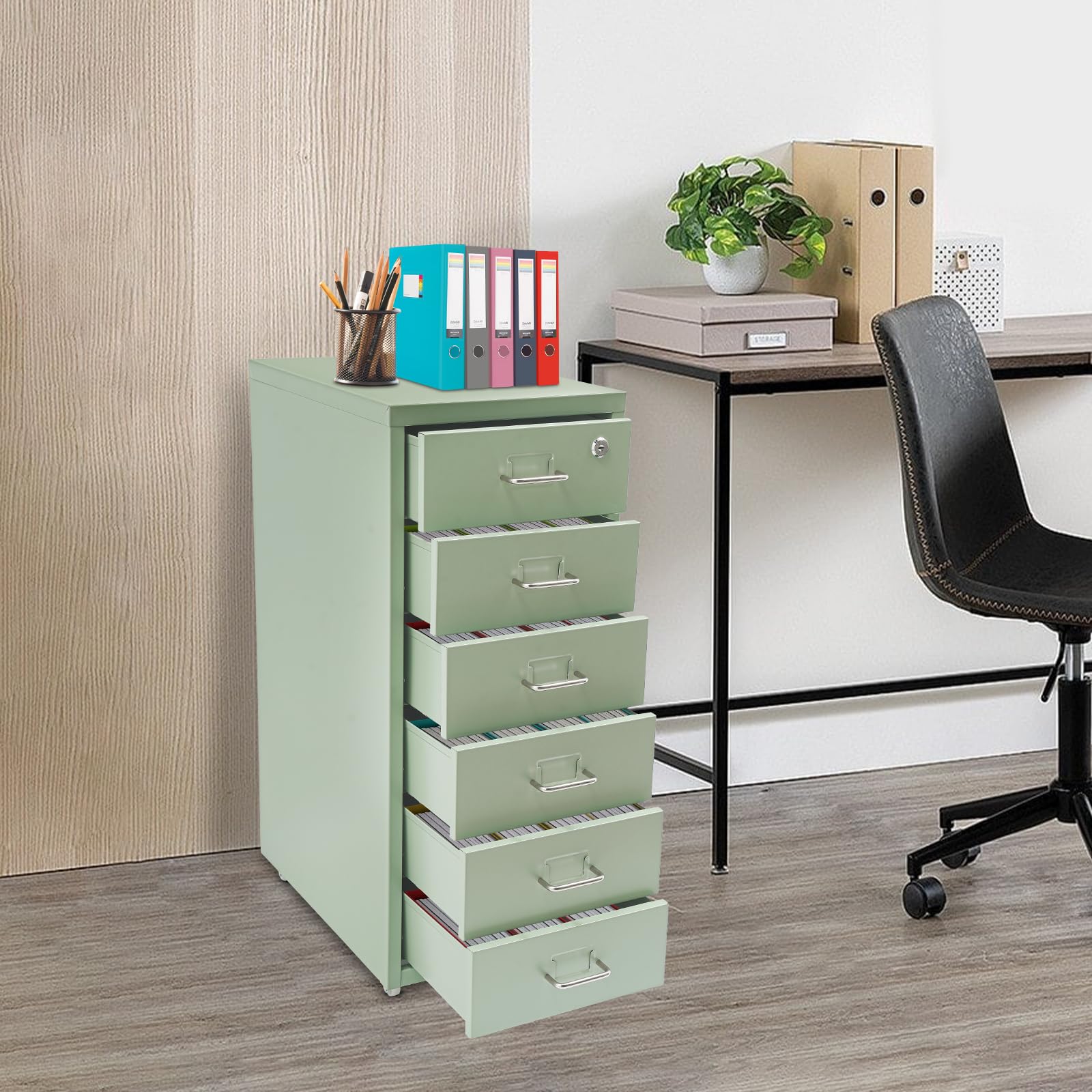 Meuble de rangement mobile à 6 tiroirs, en métal, avec roulettes, pour la maison et le bureau, 28 x 41 x 69 cm, beige (vert)
