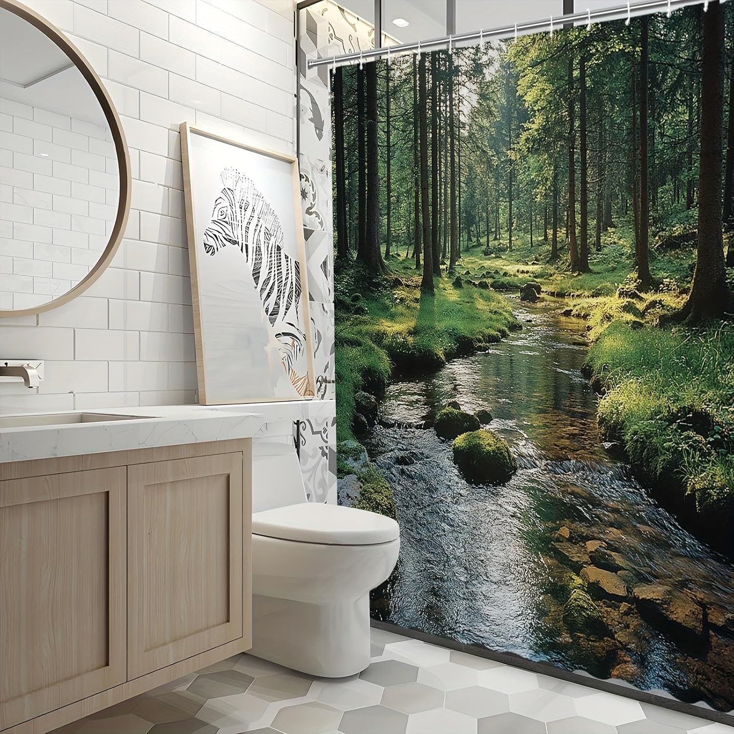 Serene Forest Stream Shower Curtain Polyester Fabric Bathroom Decor with 12 Hooks Natural Green Landscape Woodland Scene 57x83in-145x210cm/WxH