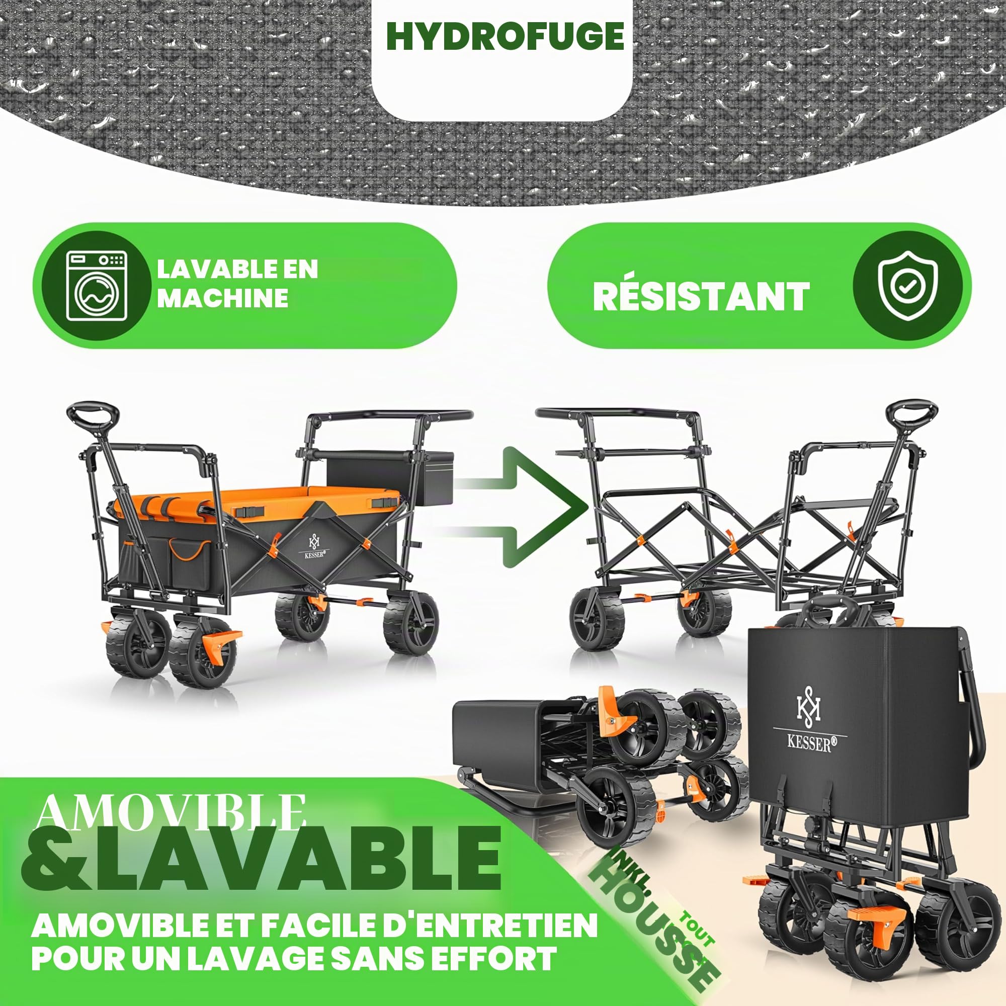 KESSER GT9000 Chariot de transport pliable avec toit - Charge maximale : 150 kg - Avec roues en caoutchouc dur et freins de stationnement (avant et arrière) - Avec serrure, couverture, intempéries et