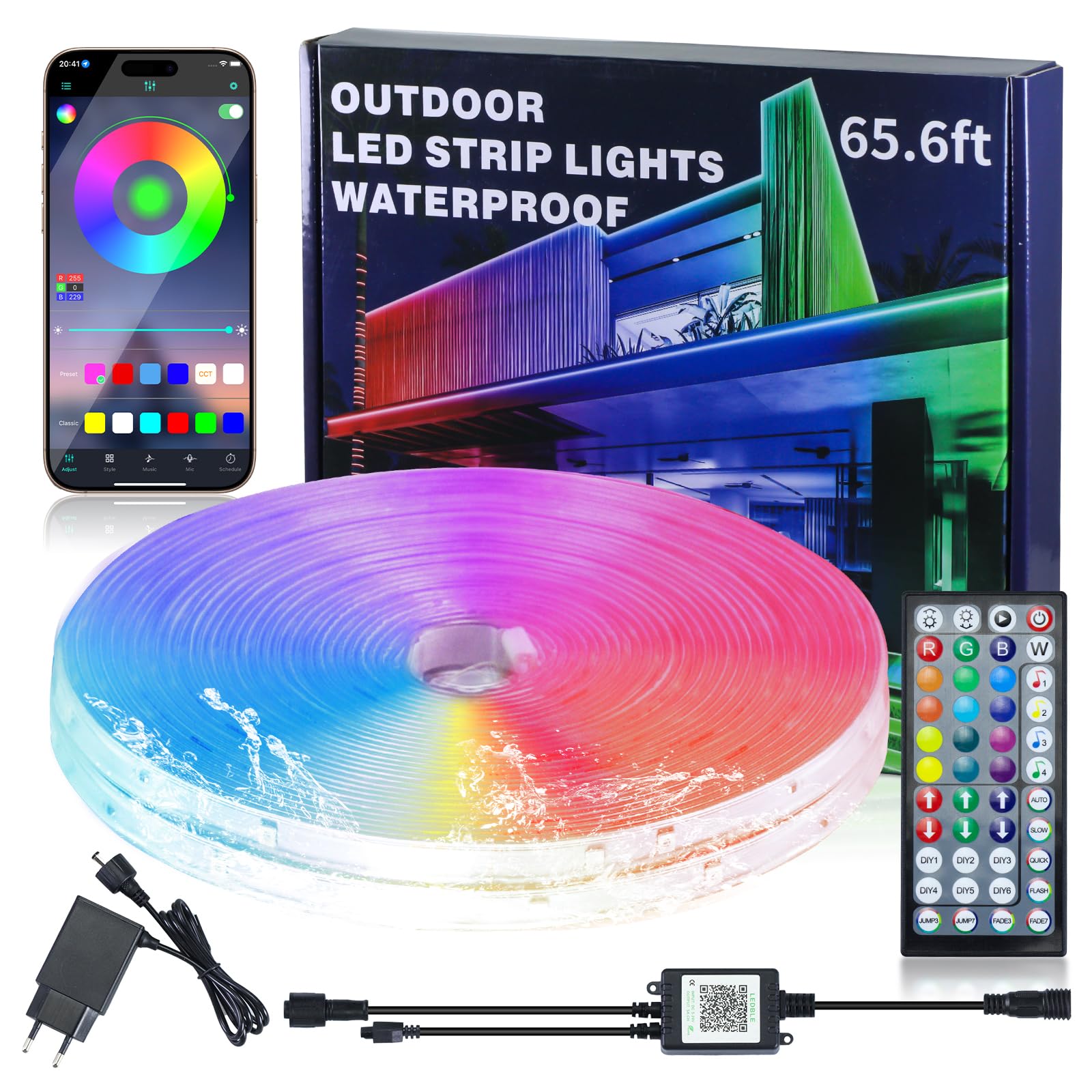 Tira LED de 20 m para Exteriores, Tira LED RGB Impermeable IP68 para Exteriores Compatible con Control Remoto/APP con Sincronización Musical y Función de Temporizador para Balcones, Tejados y Jardines