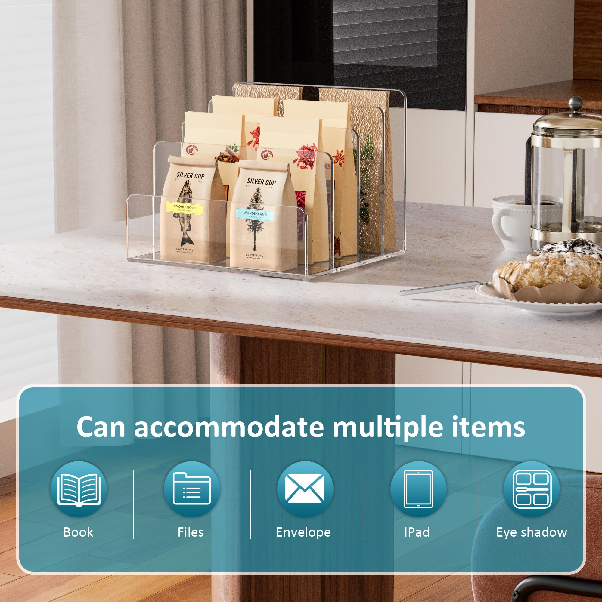 Sezanrpt Portadocumenti in acrilico con 4 scomparti, organizer trasparente da scrivania, organizer in acrilico per libri, telefono, iPad, buste, notebook, calcolatrice