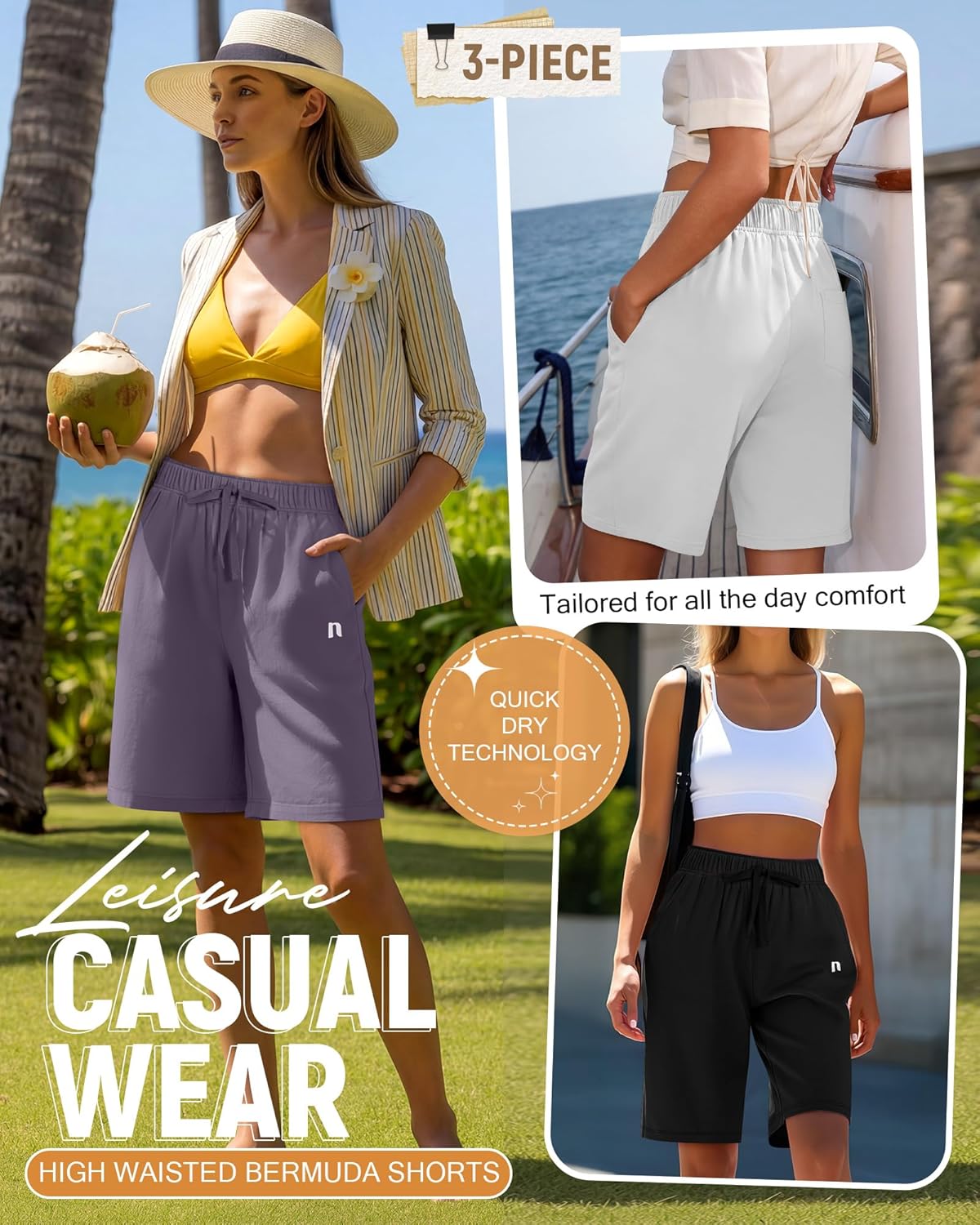 Neer 3 Pack Women's Quick Dry Shorts Women Drawstring High Waisted Bermuda Athletic Shorts with Pockets - Image 3