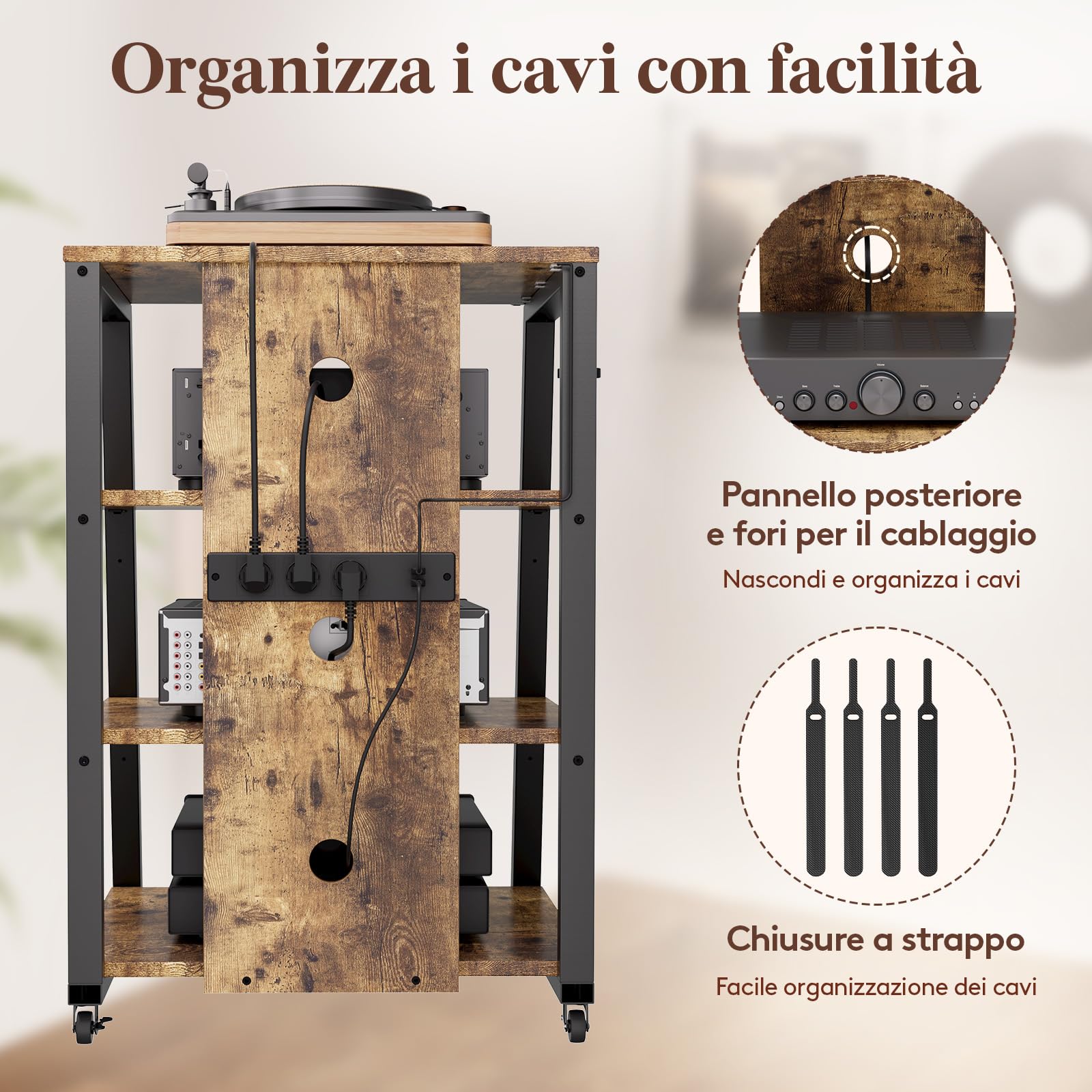 Lifewit Supporto audio a 4 livelli con prese elettriche e luci a LED, in legno e acciaio, per giradischi e impianti stereo e impianto compatto, marrone