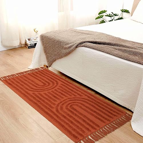 Miniatura 6 de LEEVAN Alfombra de pasillo de 2 x 6 pies, alfombra lavable de baño en terracota, alfombras de cocina de algodón tejidas con borlas, alfombra de