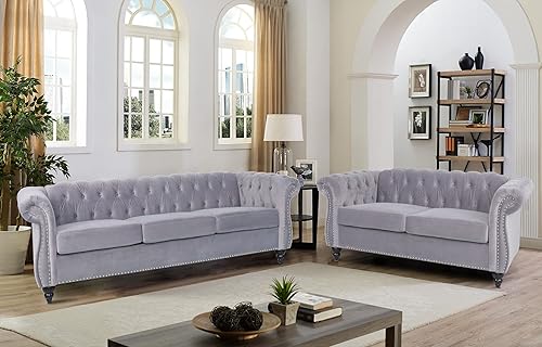 Miniatura 1 de RARZOE Moderno juego de sofá de 2 piezas para sala de estar terciopelo capitonado contemporáneo con botones Chesterfield de tres plazas y sofá