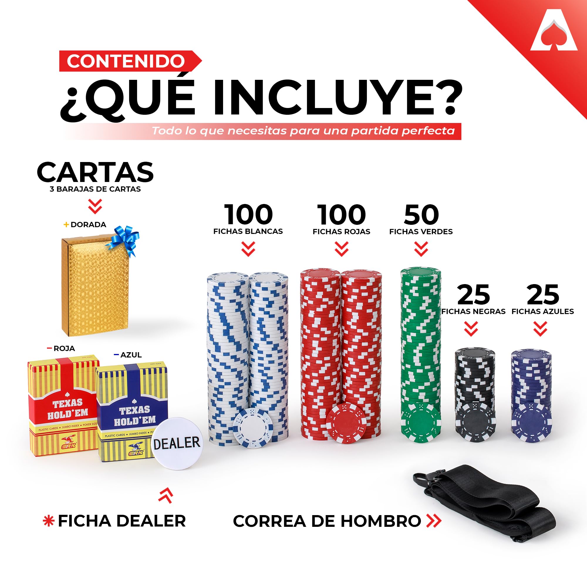 Poker Set con 300 Fichas de 11,5 g Estilo Casino + Baraja Dorada